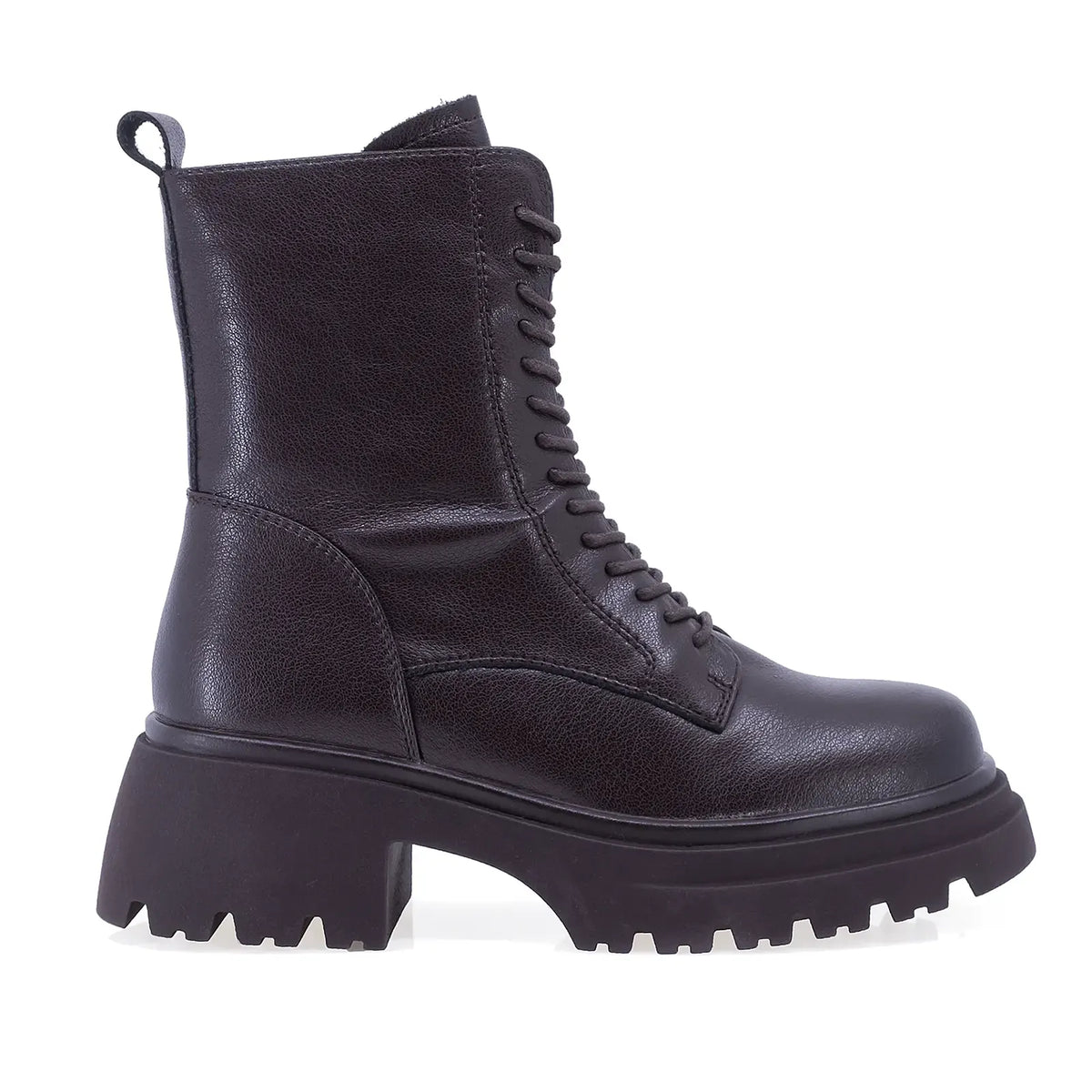 Ghete dama casual Anna Viotti D106-F12610-A1496-2 maro, din piele naturala box, stil bocanc inalt, cu siret, fermoar si talpa groasa.