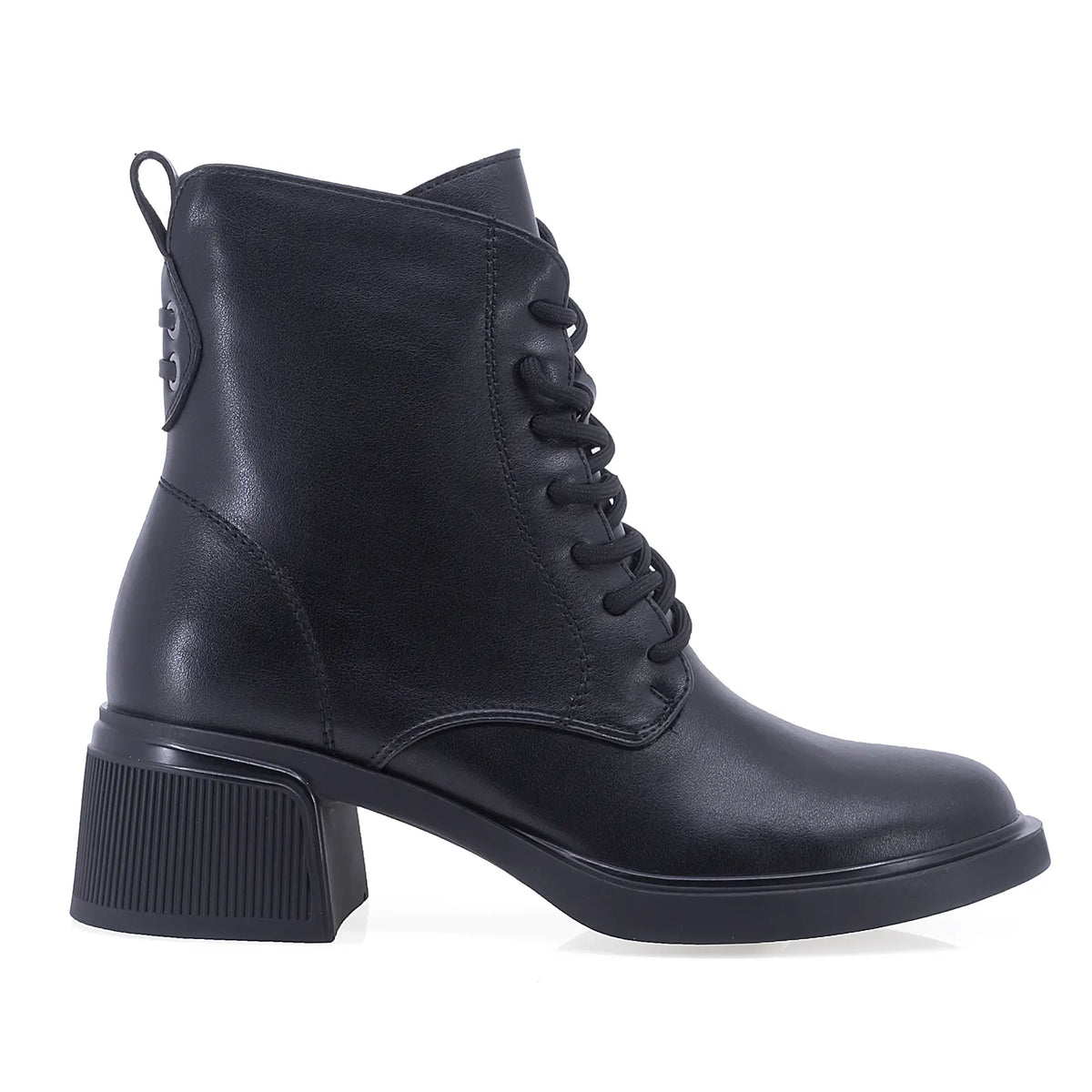 Ghete dama casual Anna Viotti D106-3000-207 negre, din piele naturala box de vitel, cu sireturi, fermoar, varf rotund si toc lat.