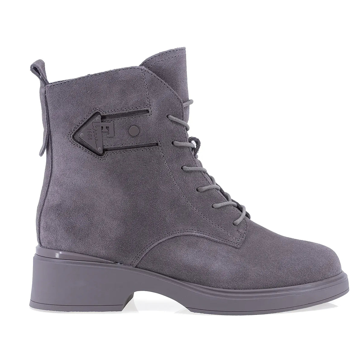 Ghete dama casual Anna Viotti D106-F11312-C7702-2 gri, din piele naturala intoarsa, cu varf rotund, sireturi si fermoar.