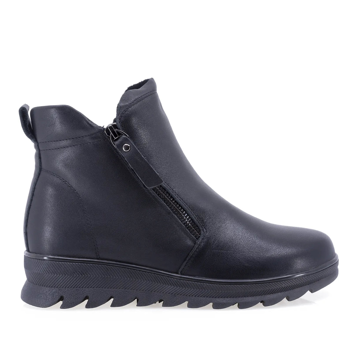 Ghete dama scurte casual Anna Viotti D111-G26AW-2-1 negre, din piele naturala box, cu captuseala pufoasa, doua fermoare si talpa ortopedica din poliuretan.