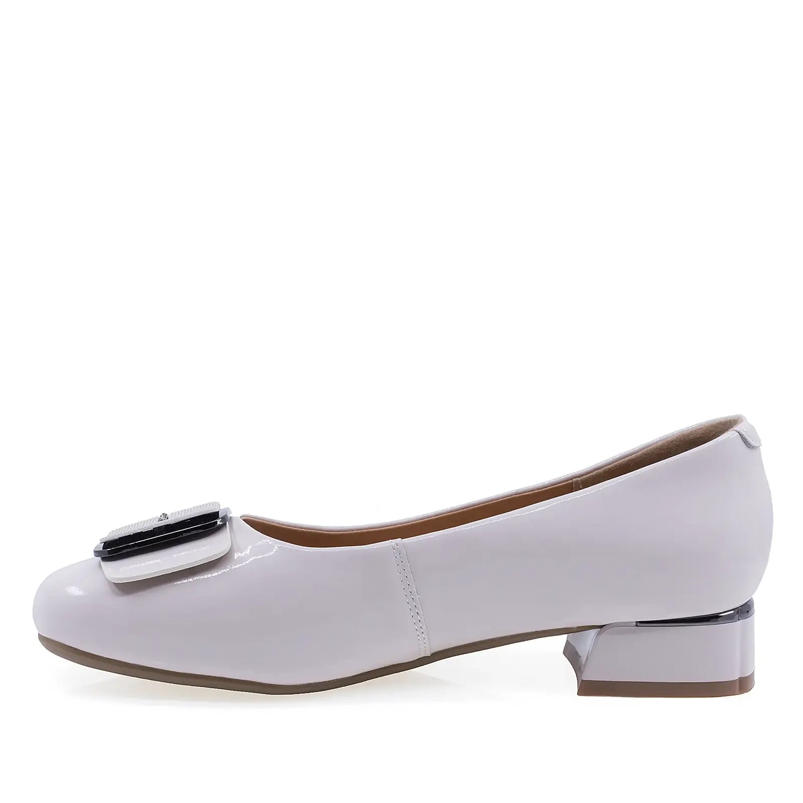 Pantofi dama eleganti Anna Viotti bej piele lacuita, vedere laterala stanga, design elegant