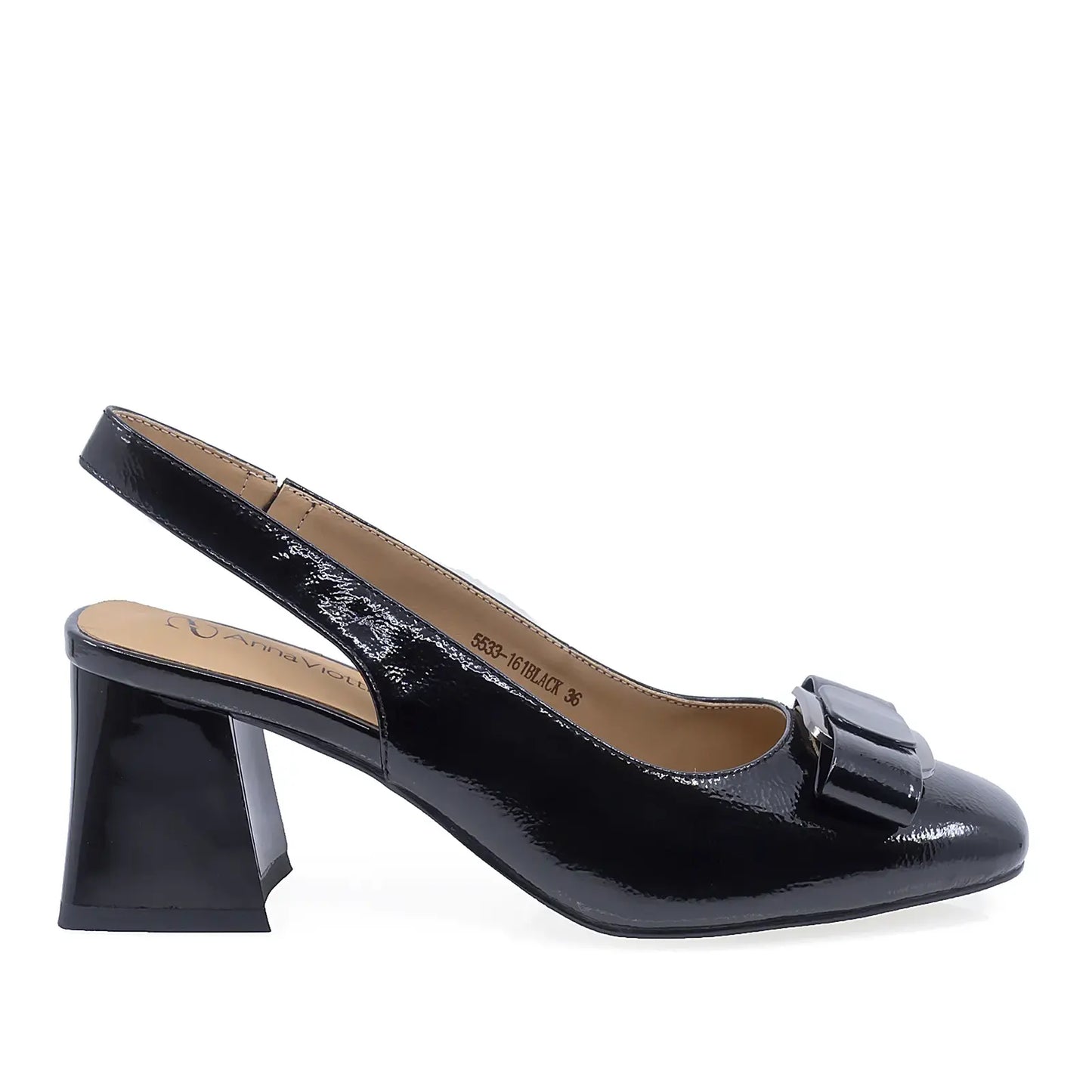 Pantofi damă eleganți Anna Viotti D105-5533-161 din piele lăcuită neagră, vedere lateral dreapta, toc 6,5 cm