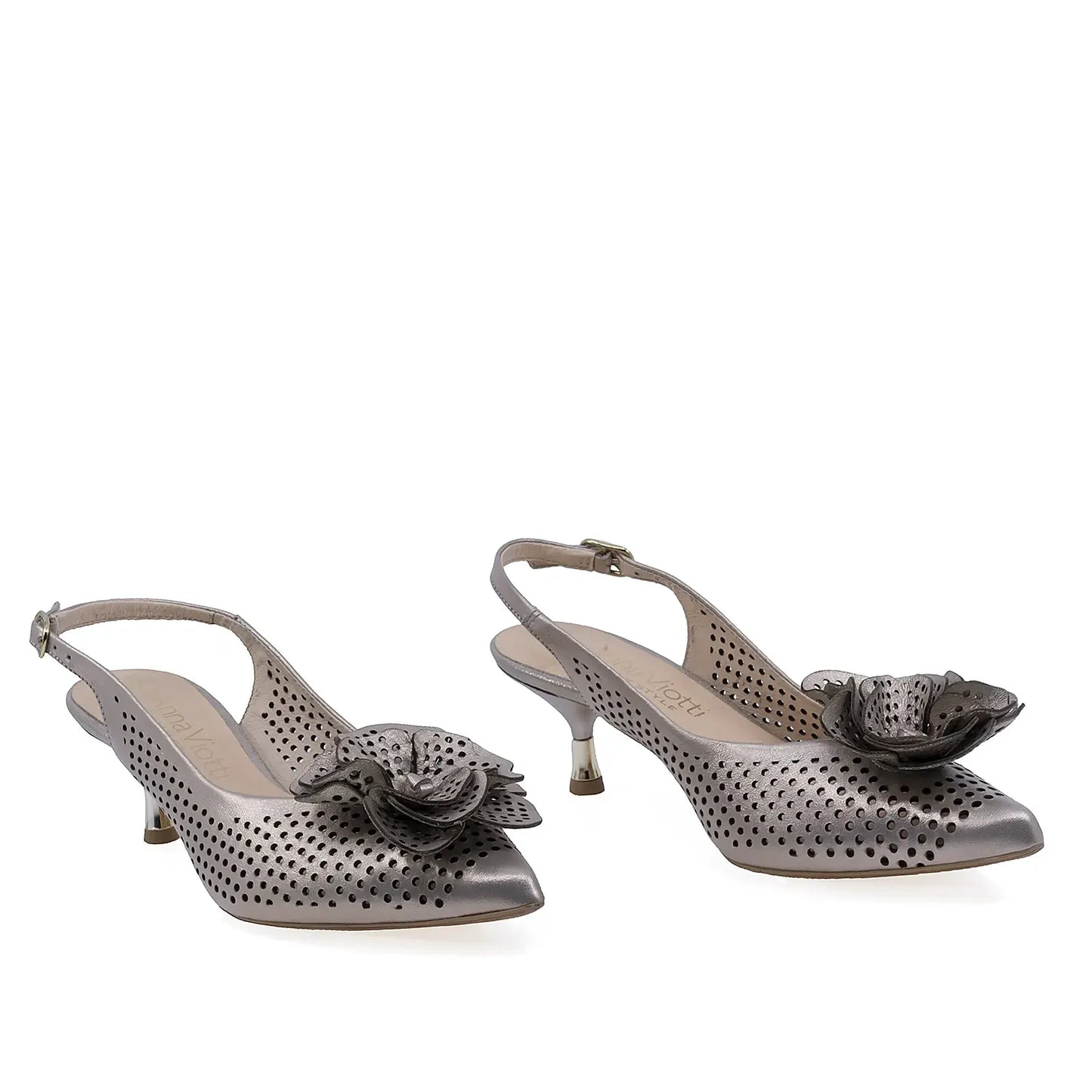 Pantofi dama eleganti Anna Viotti D3134 aurii din piele naturala perforata cu toc de 5 cm
