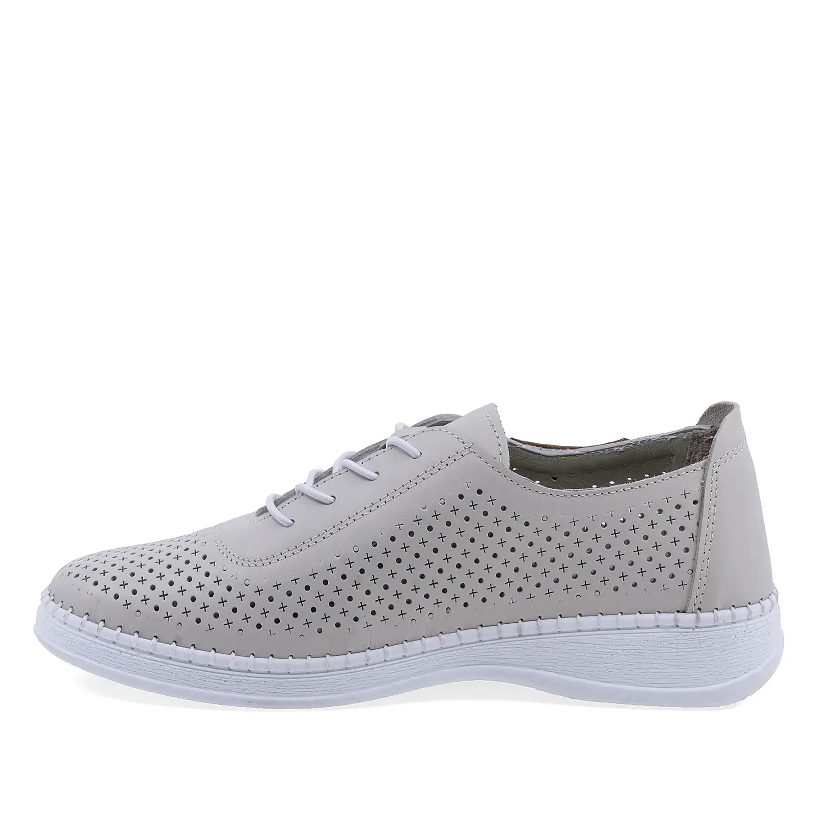 Pantofi casual damă Anna Viotti gri, lateral stânga, design perforat și cusături manuale