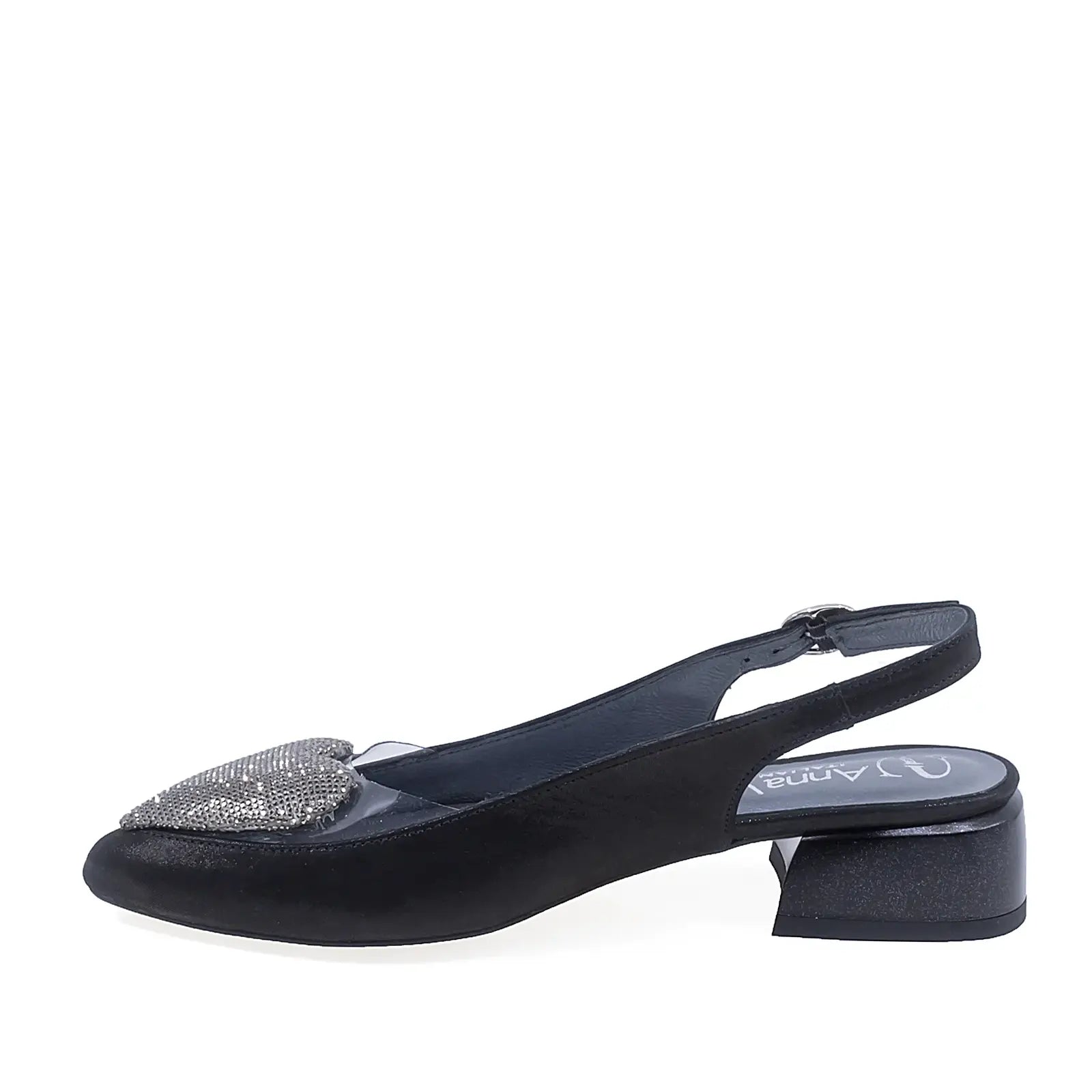 Pantofi damă negri Kordel 2659, piele naturală, deschiși la spate, toc confortabil lateral stânga
