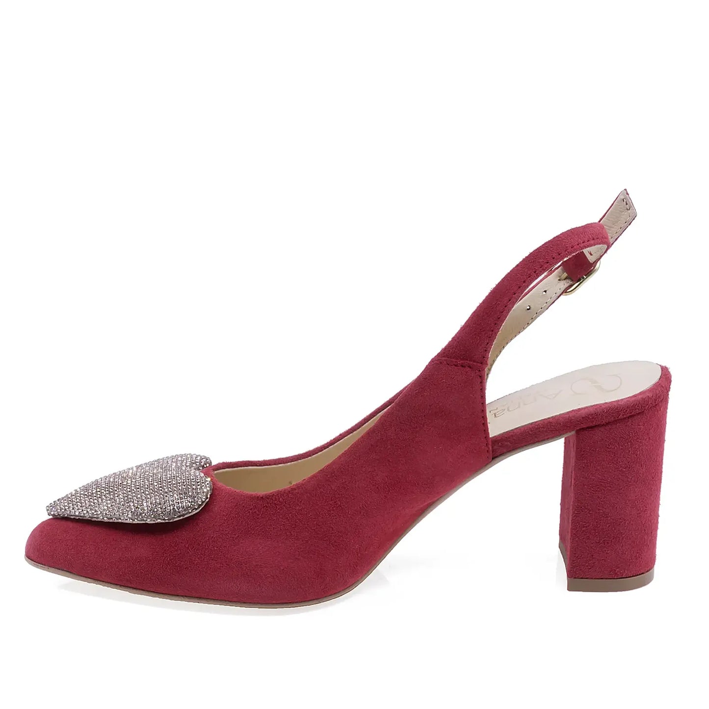 Pantofi damă roșii eleganți Kordel 2793, piele întoarsă, deschiși la spate, toc stabil 7,5 cm lateral stânga