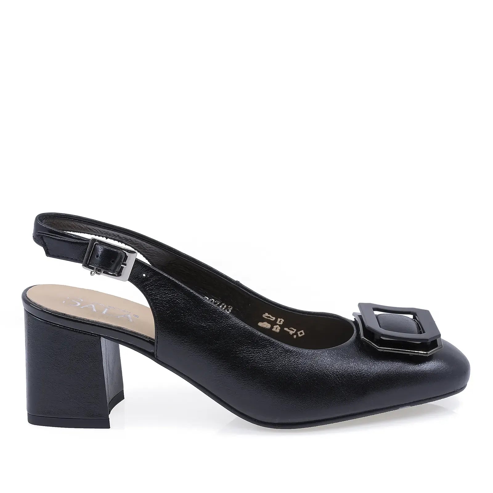 Pantofi damă Sala 20703 negri, vedere laterală dreapta, cu toc de 6 cm și design slingback elegant