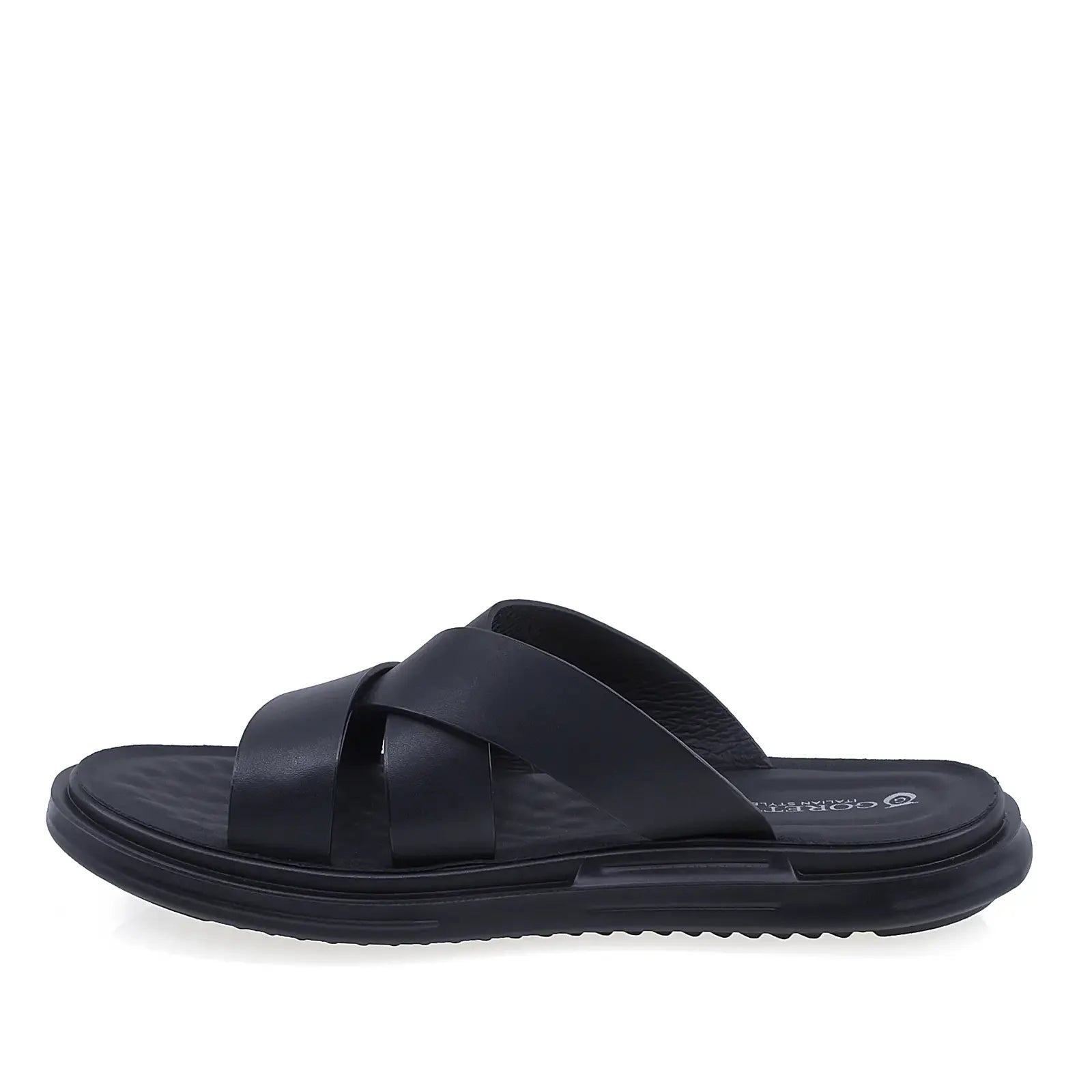 Papuci barbati casual Goretti negri din piele naturala vedere lateral stanga confortabili