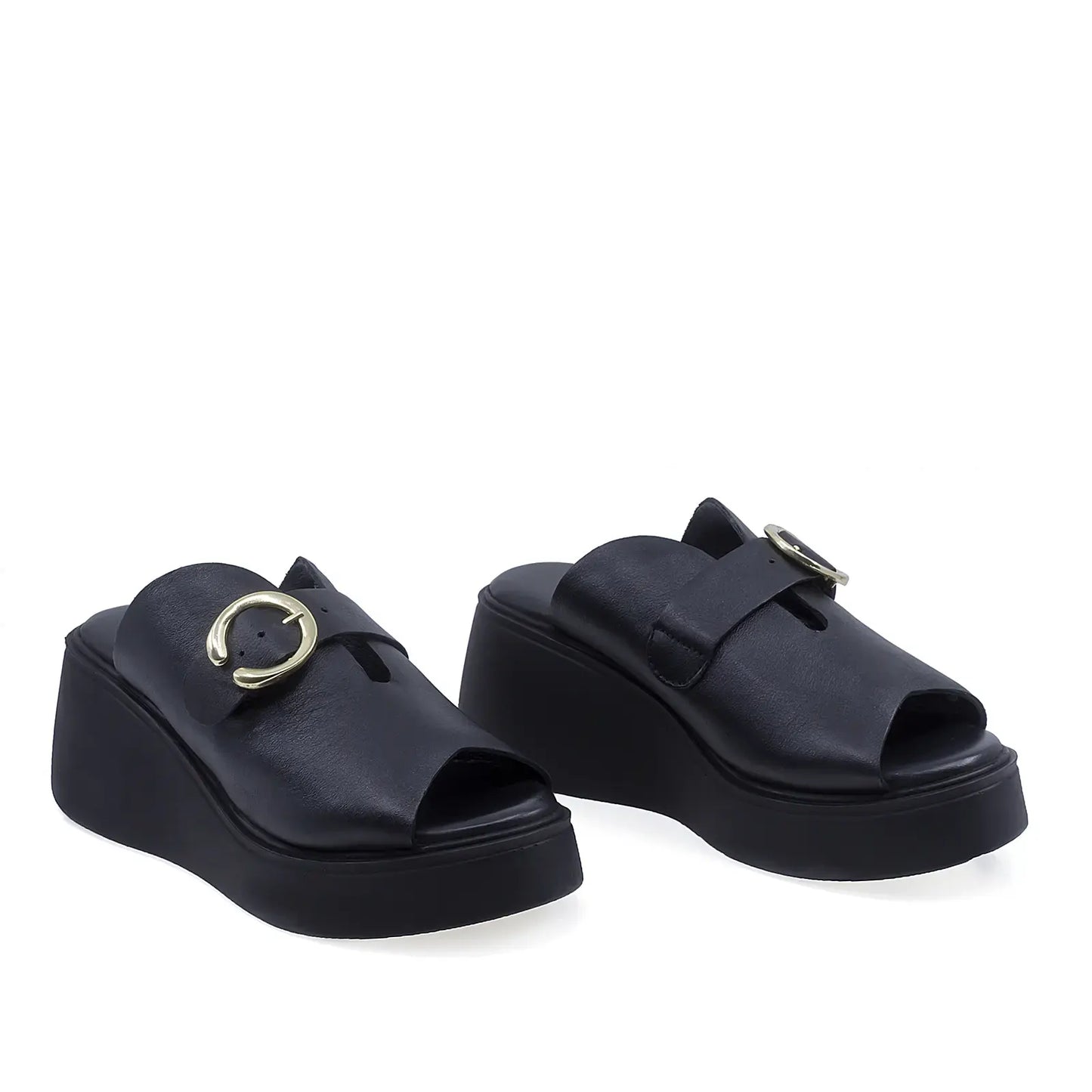 Papuci damă Anna Viotti D202-82383 negri din piele naturală, model casual confort cu platformă modernă