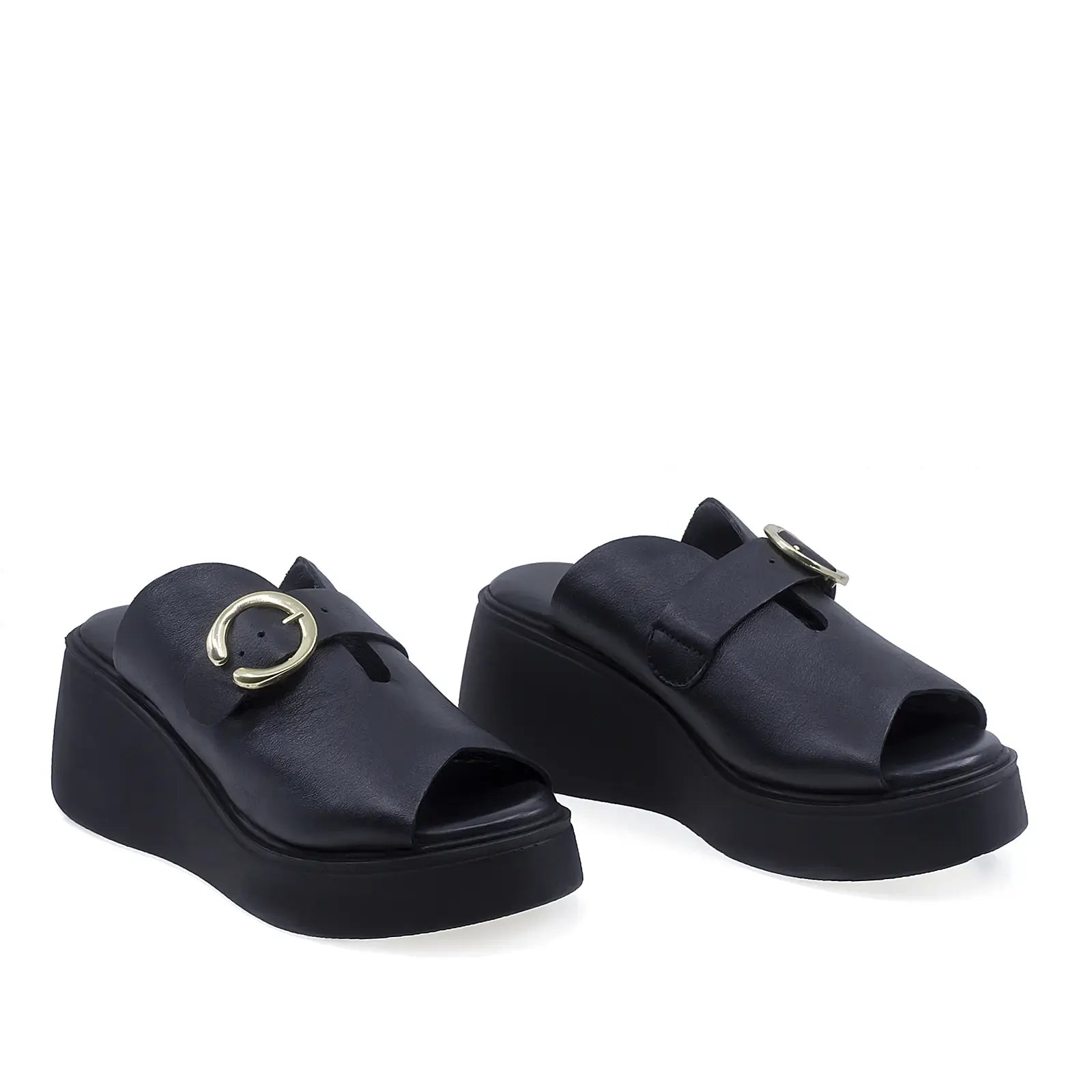 Papuci damă Anna Viotti D202-82383 negri din piele naturală, model casual confort cu platformă modernă