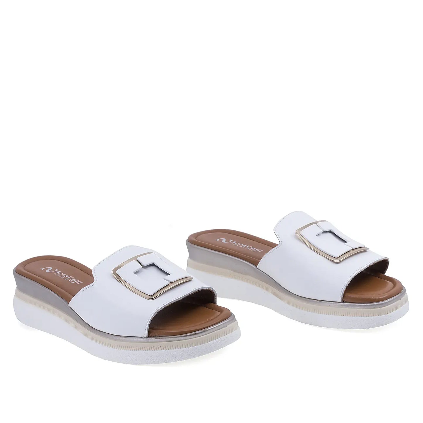 Papuci damă Anna Viotti D22-L1063 albi din piele naturală, cu platformă confortabilă și design casual