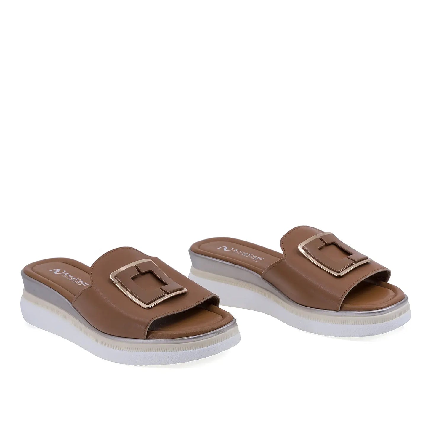 Papuci damă Anna Viotti D22-L1063 coniac din piele naturală, cu platformă confortabilă și design modern
