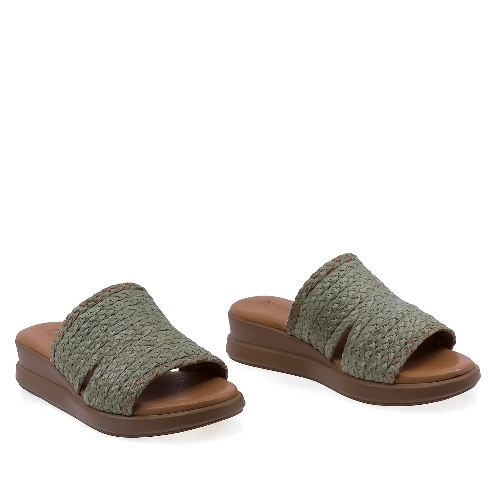 Papuci damă Anna Viotti D26-741 verde din piele naturală cu aspect împletit