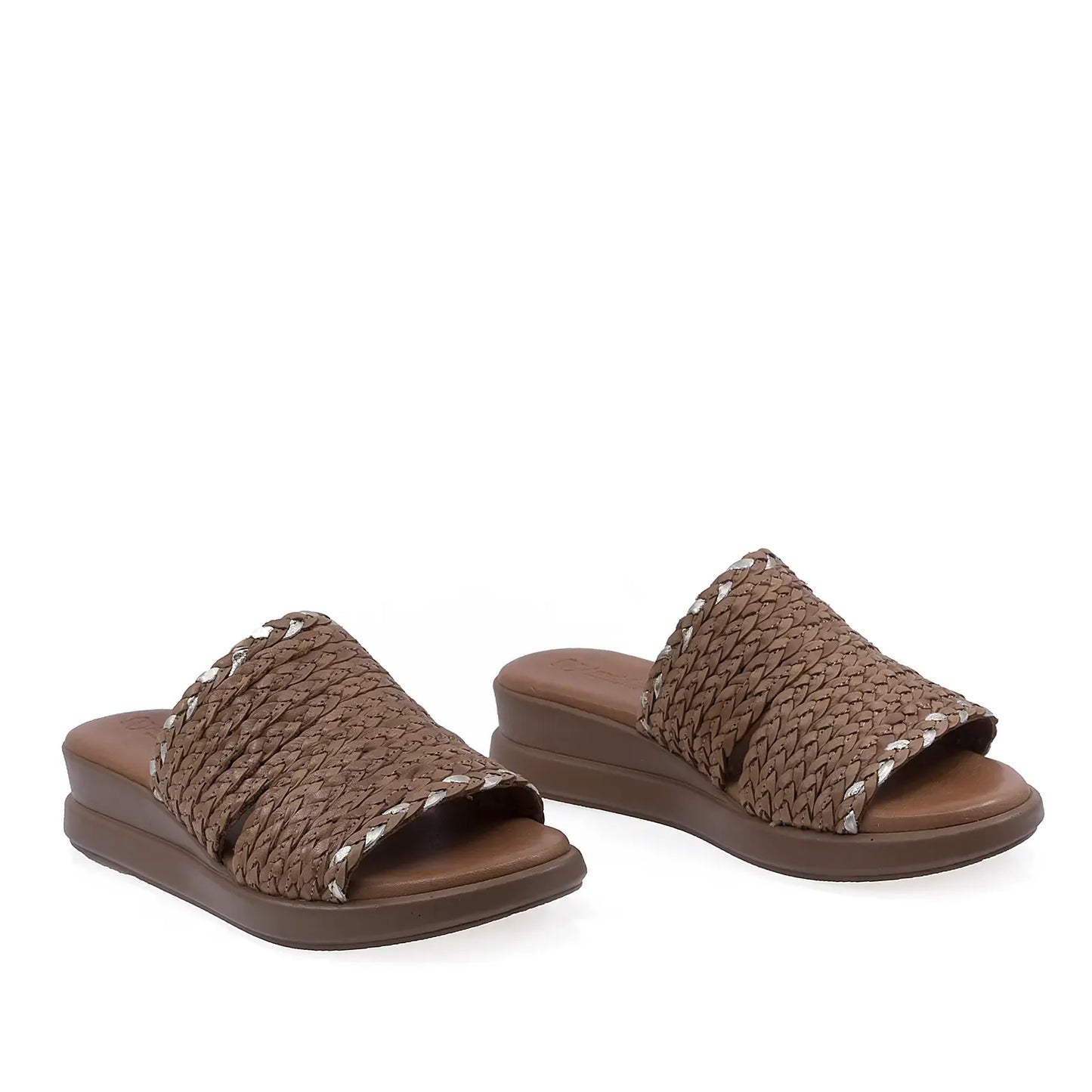 Papuci dama Anna Viotti D26-744 coniac din piele naturala cu aspect impletit
