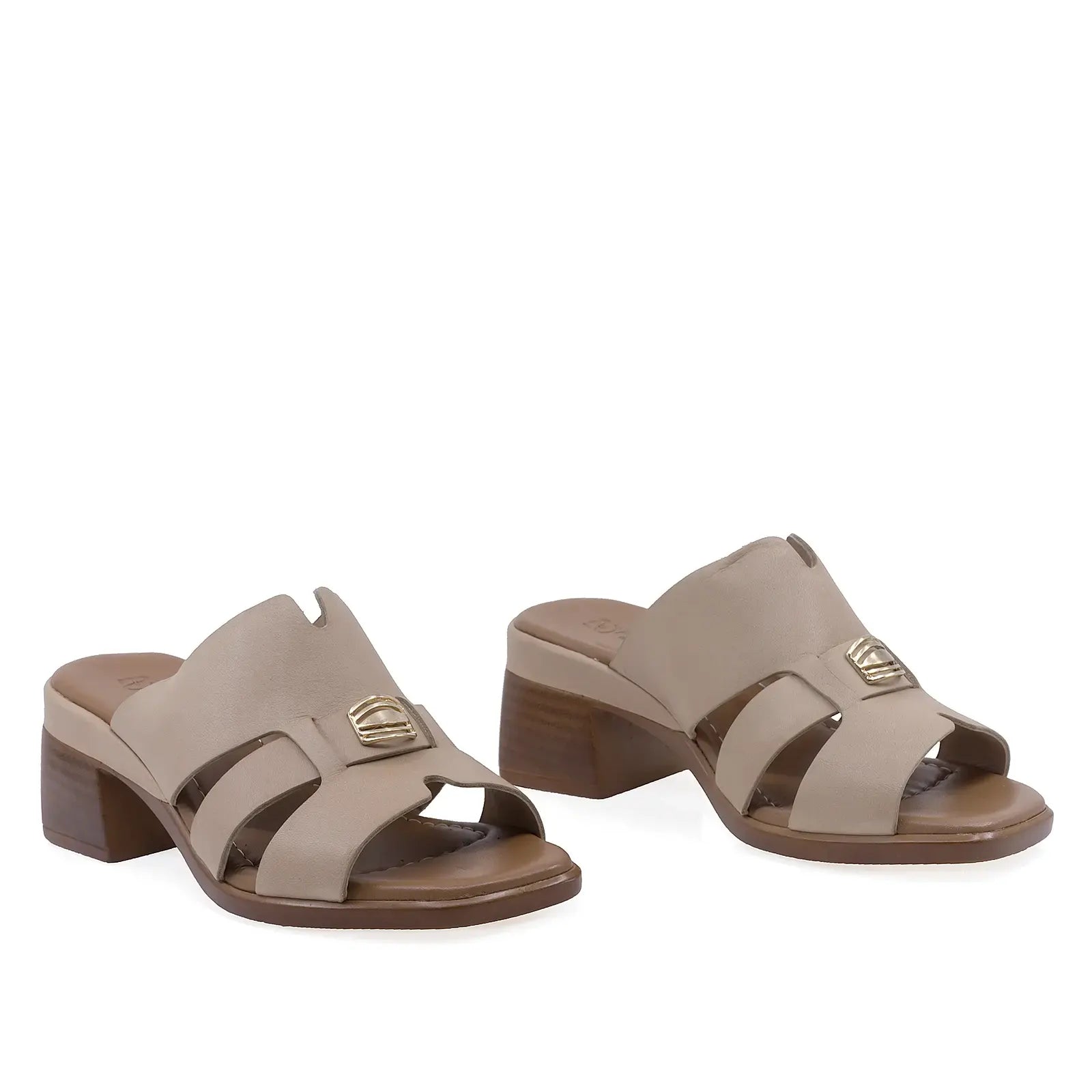 Papuci dama Anna Viotti D42-12131 bej din piele naturala cu toc patrat de 6 cm