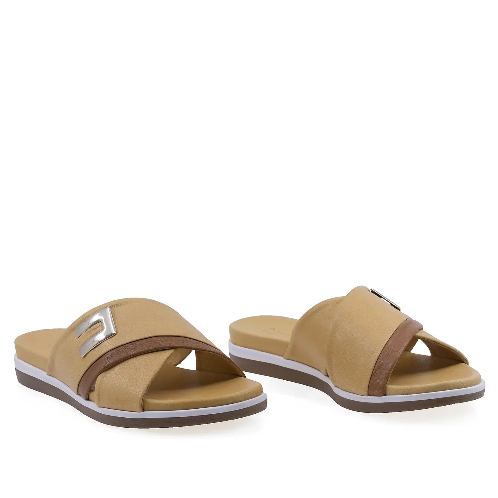 Papuci dama Anna Viotti D45-2570 galbeni din piele naturala cu brant fusbet confortabil