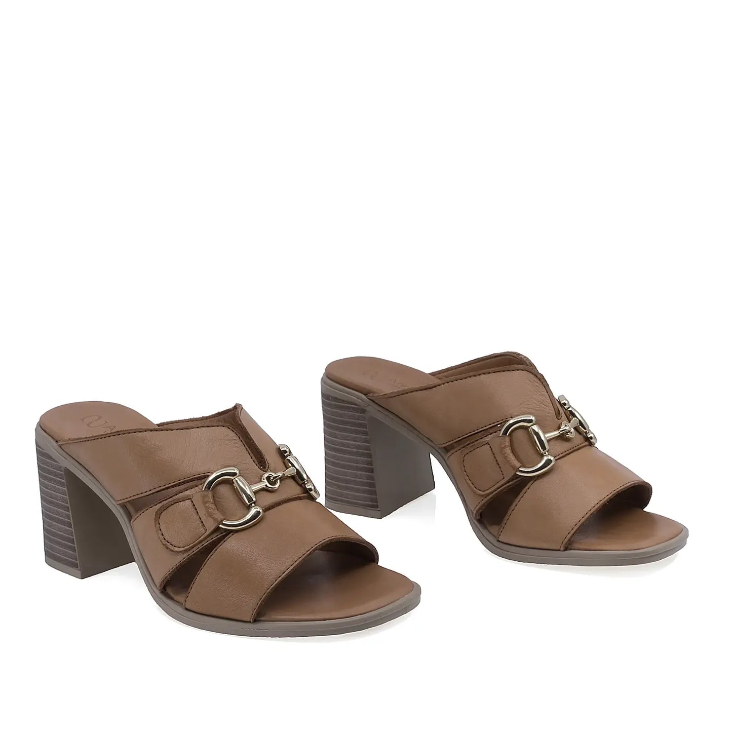 Papuci dama Anna Viotti D58-3032 coniac din piele naturala, model casual-elegant cu toc patrat confortabil