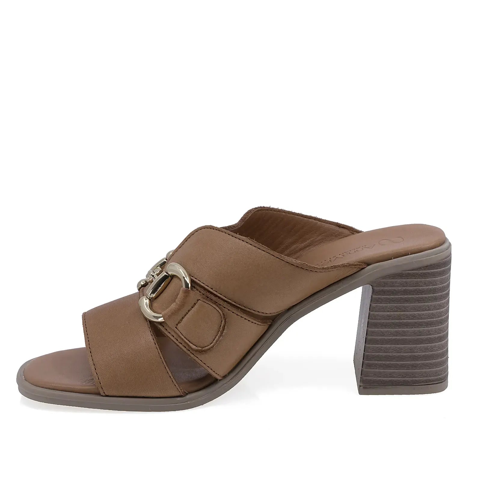 Papuci dama din piele naturala Anna Viotti D58-3032 coniac, cu toc stabil si aspect modern