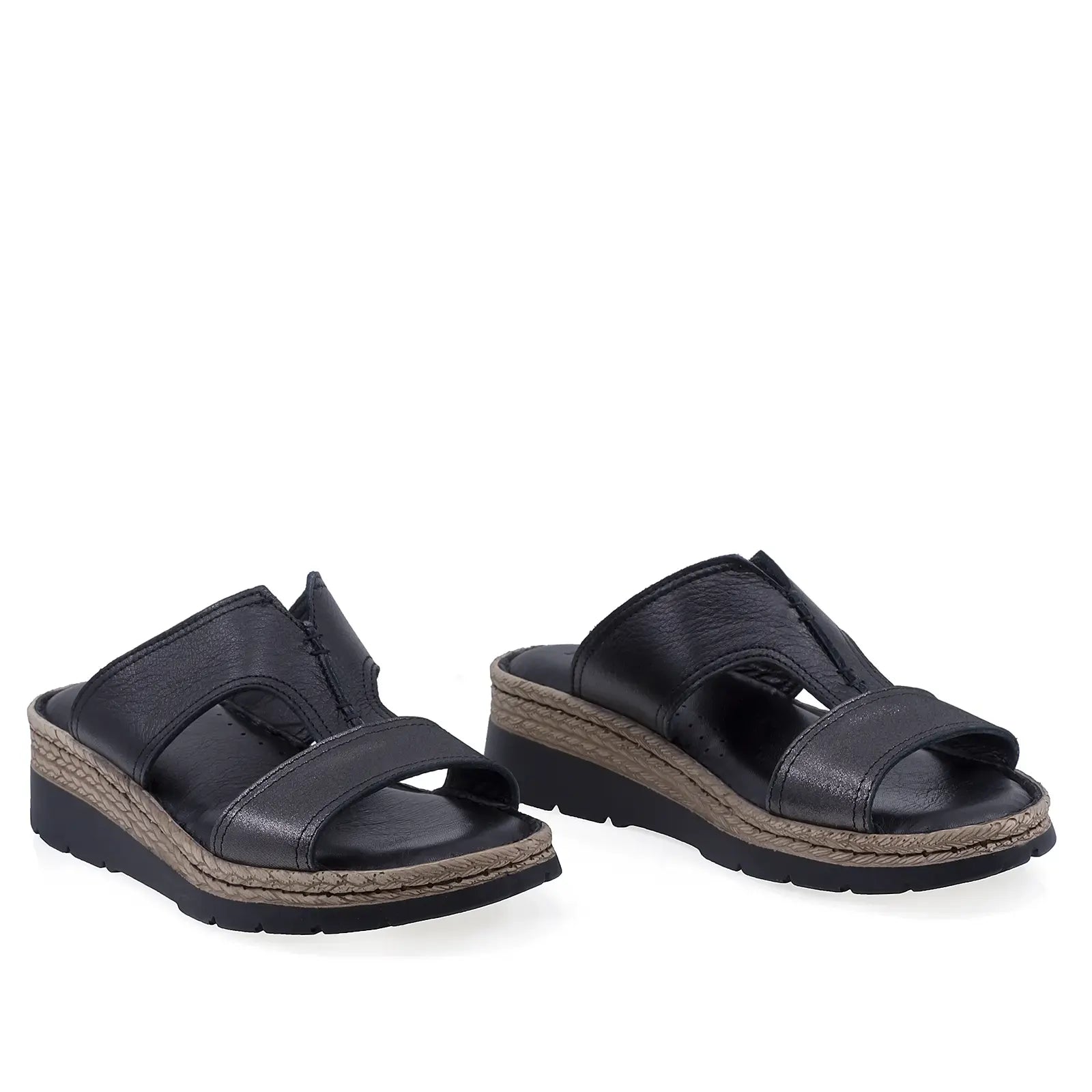 Papuci dama Anna Viotti D60-432 negri din piele naturala box, cu brant fusbet si design casual confortabil