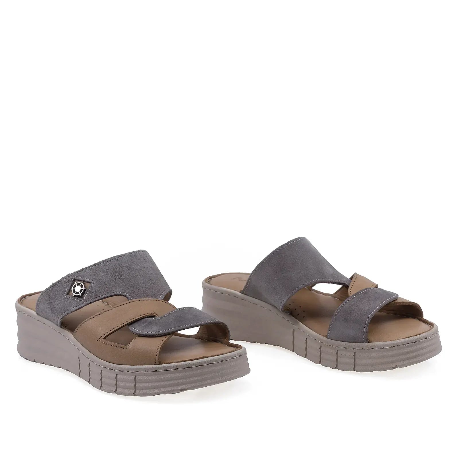Papuci dama Anna Viotti D60-453 gri coniac din piele naturala, cu brant fusbet si design casual confort