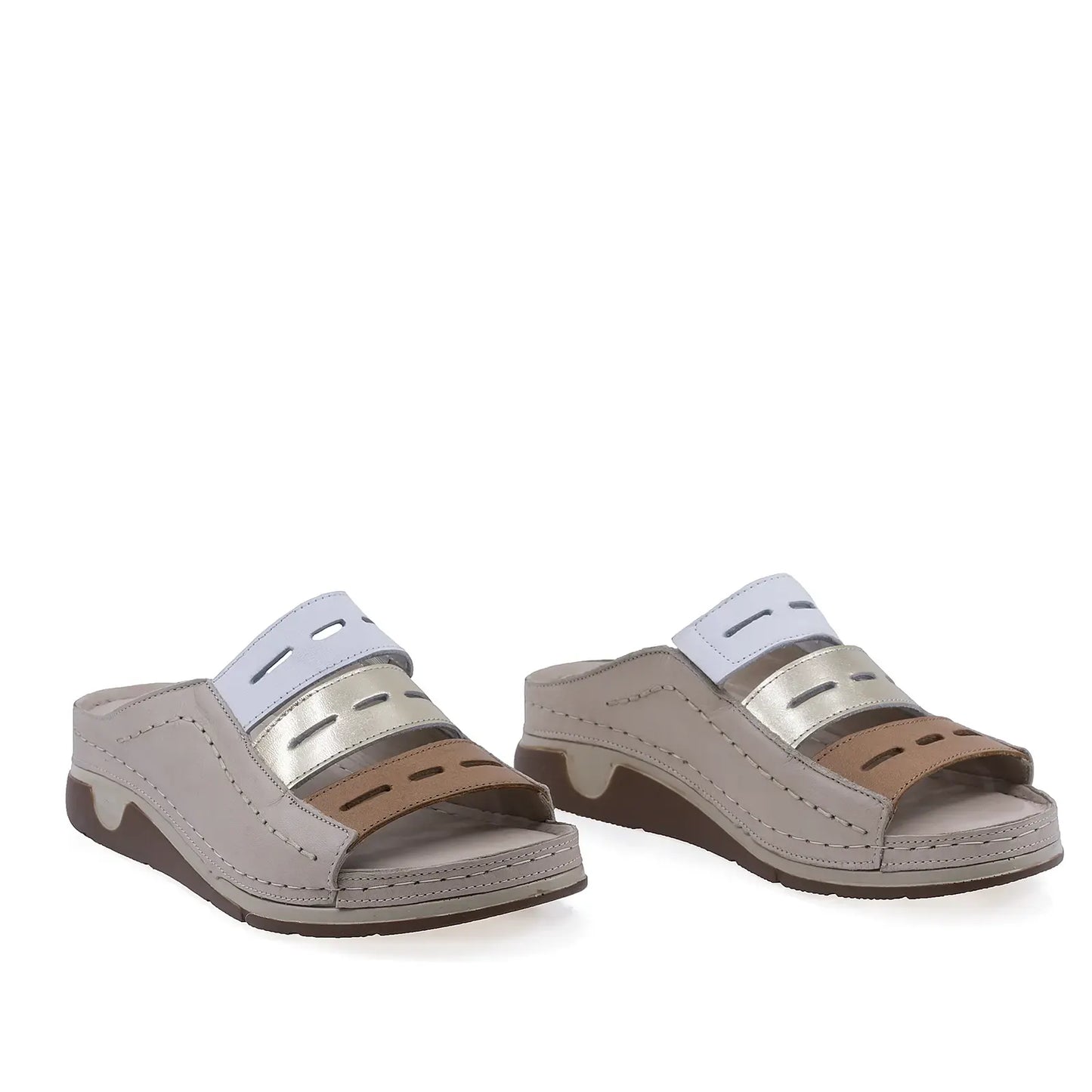 Papuci dama Anna Viotti D60-M20 bej con alb din piele naturala, cu platforma confortabila si design modern