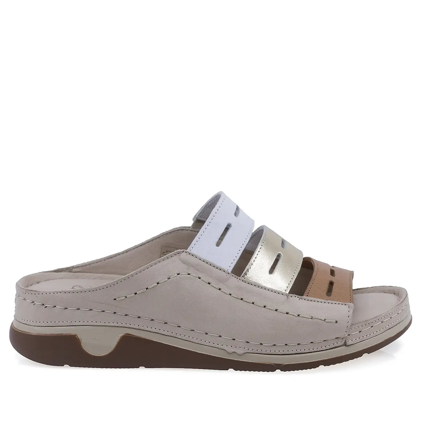 Papuci dama casual Anna Viotti D60-M20 bej con alb, vedere laterala dreapta, confortabili pentru purtare zilnica