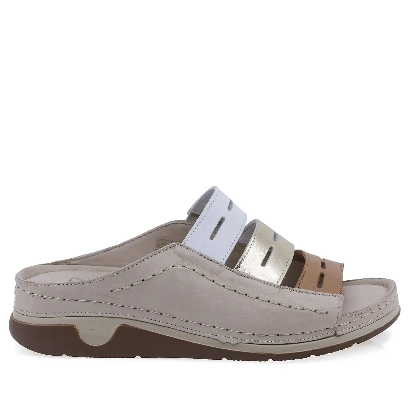 Papuci dama casual Anna Viotti D60-M20 bej con alb, vedere laterala dreapta, confortabili pentru purtare zilnica