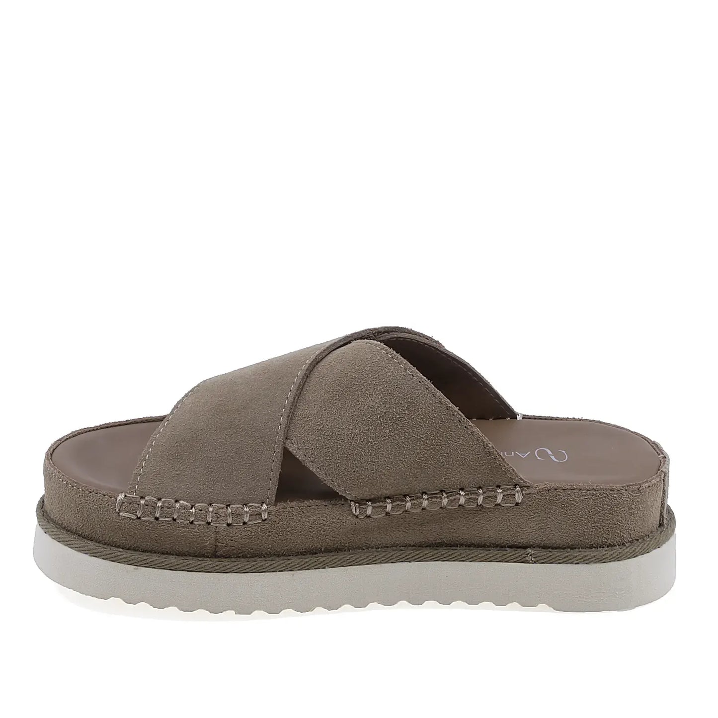 Papuci dama casual Anna Viotti din piele intoarsa cafe vedere lateral stanga design modern si feminin