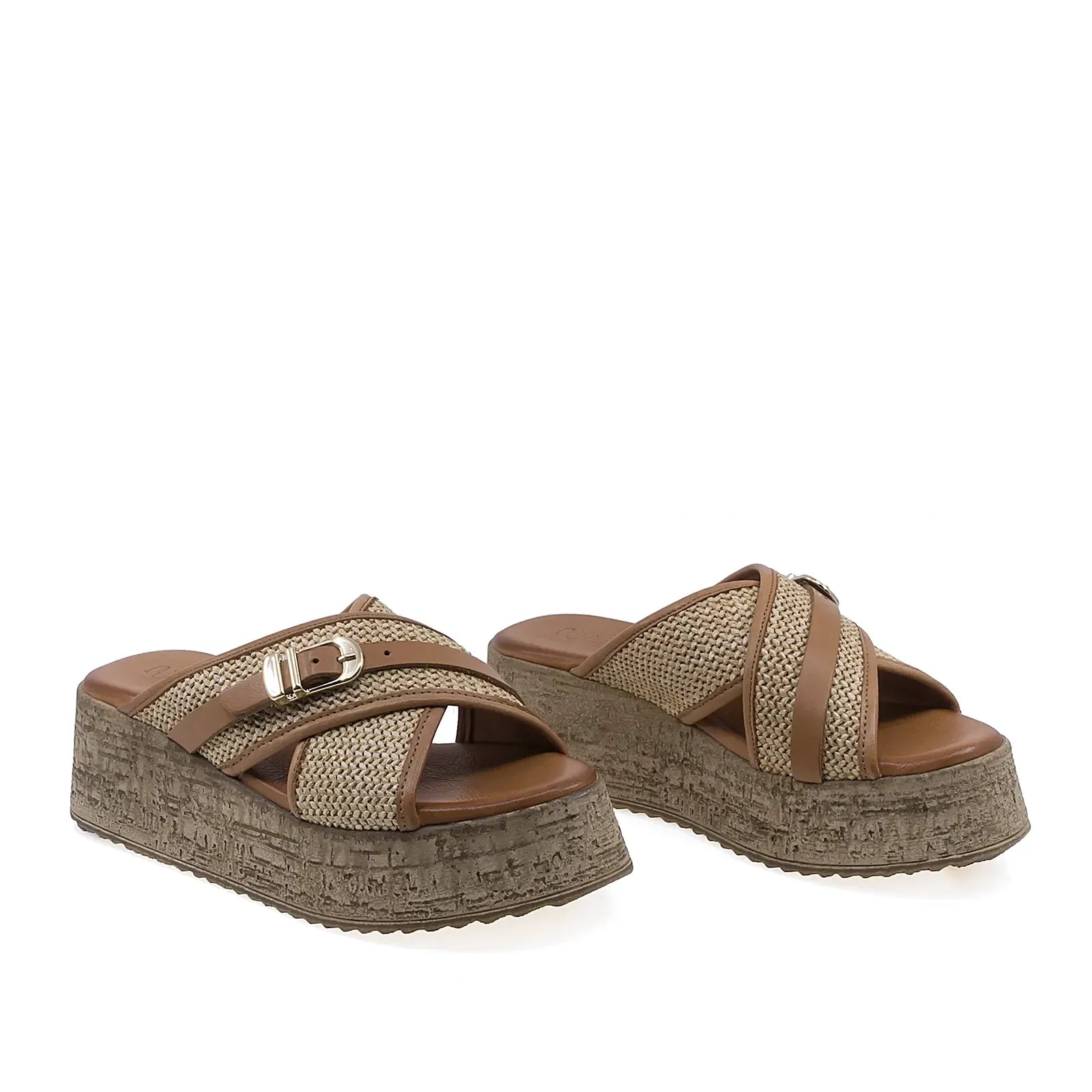 Papuci dama casual Anna Viotti D58-7001 din piele naturala coniac vedere din fata cu platforma moderna