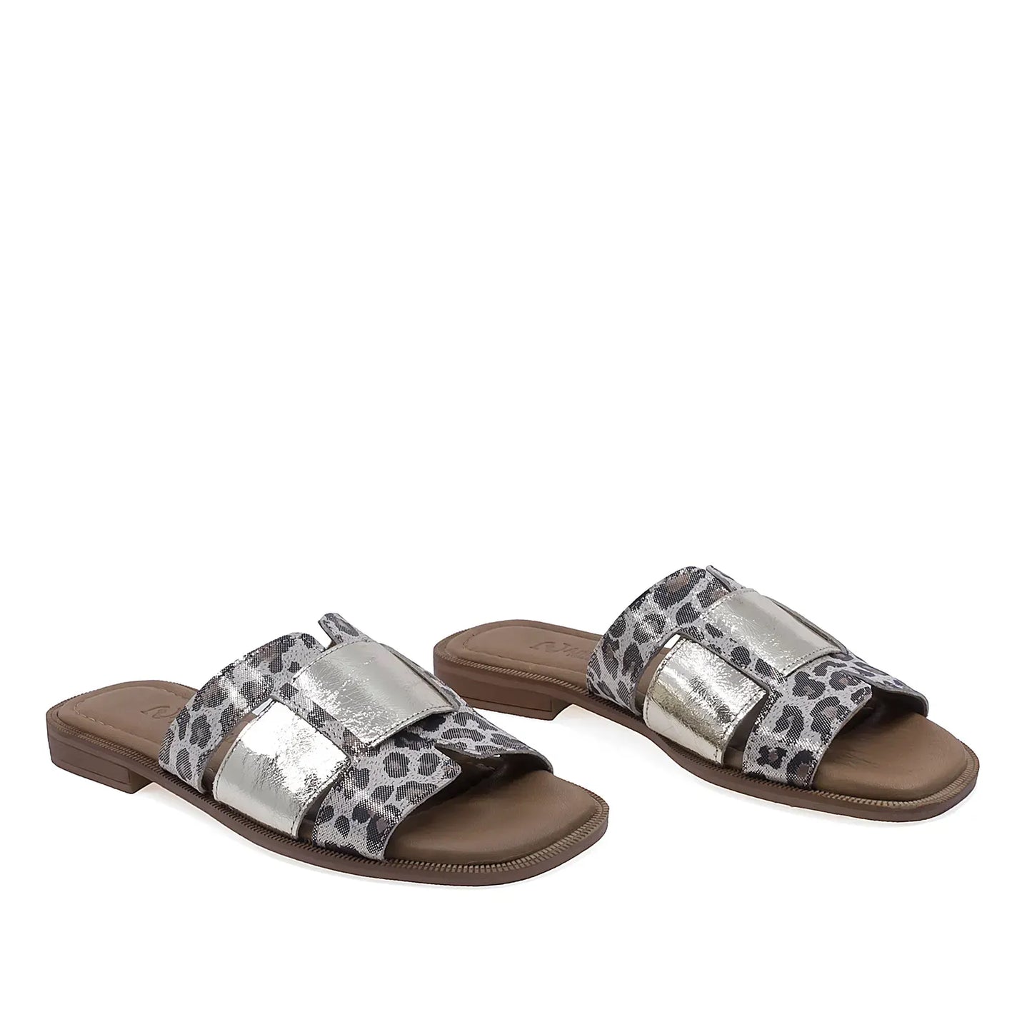 Papuci dama casual Anna Viotti D57-16231 piele naturala leopard auriu vedere din fata design elegant