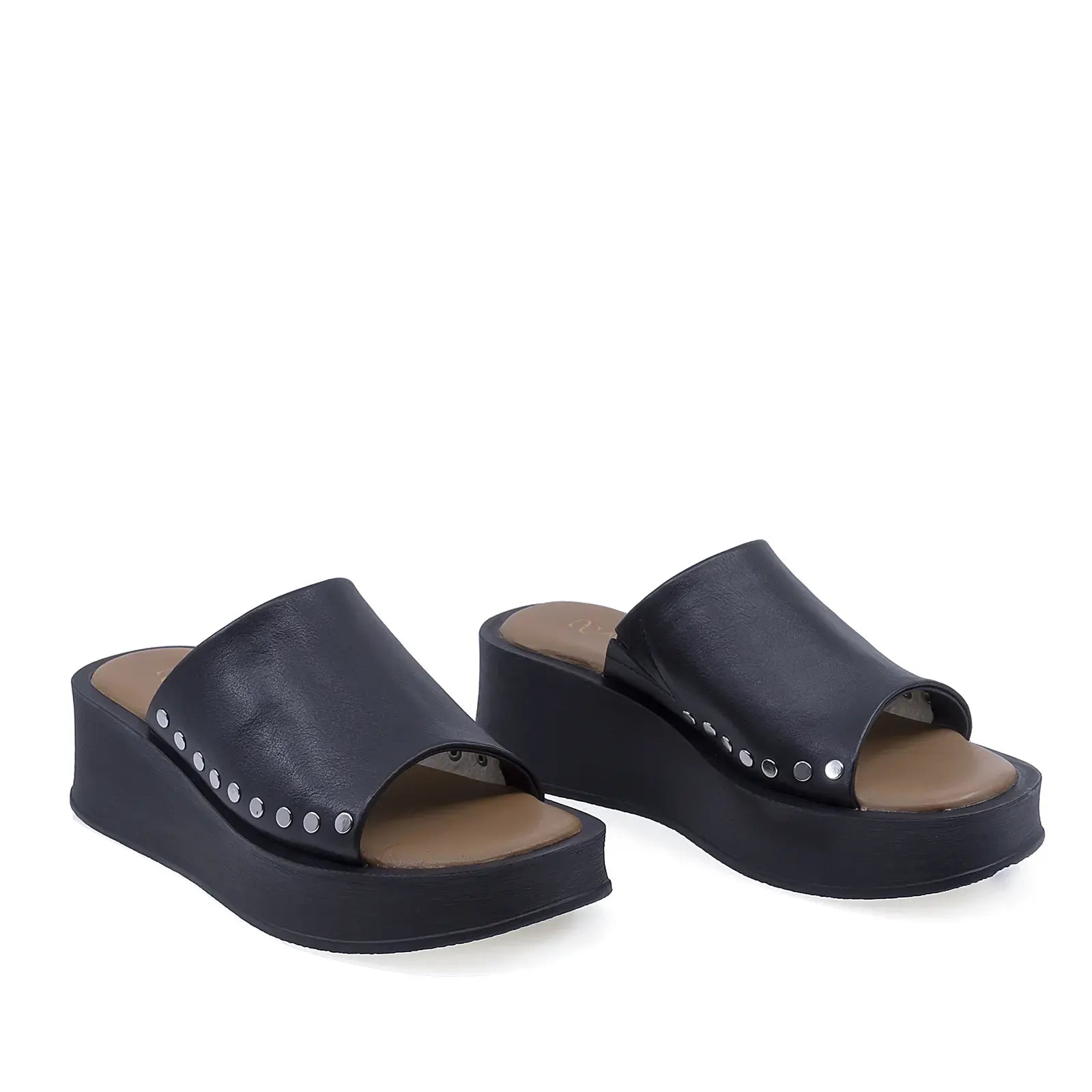 Papuci dama casual Anna Viotti D202-82160 piele naturala negri vedere din fata stil elegant si confortabil