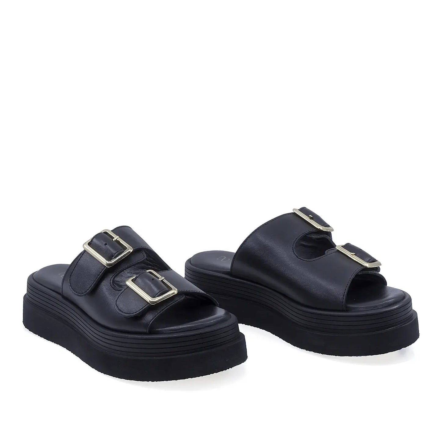 Papuci dama casual Anna Viotti D202-82370 piele naturala negri vedere din fata stil elegant si confortabil