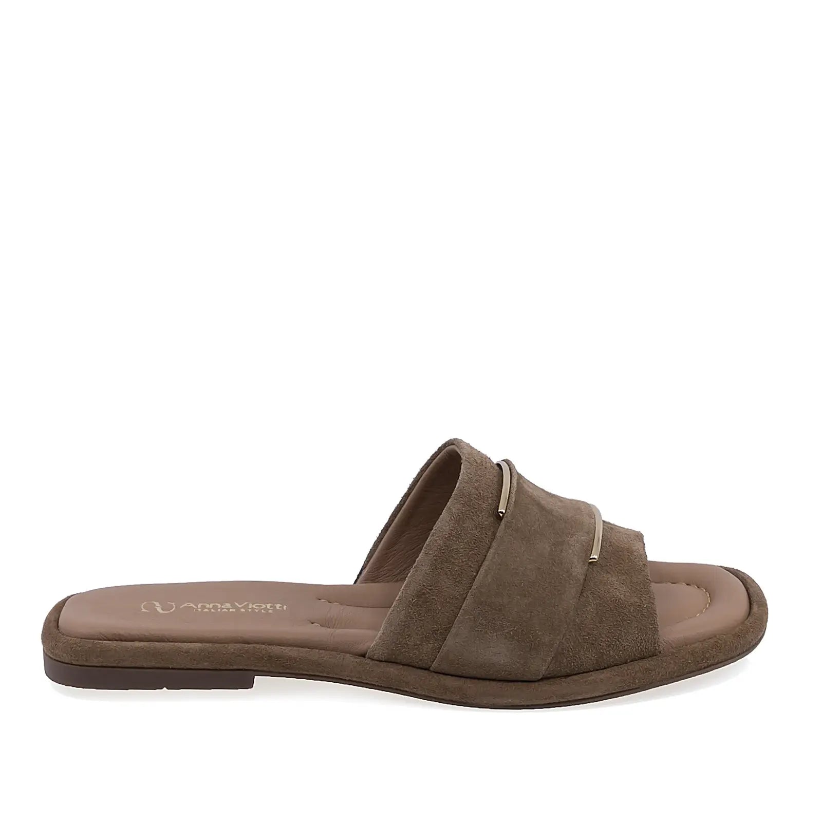 Papuci dama casual Anna Viotti D75-29622 din piele intoarsa maro vedere lateral dreapta comozi si moderni