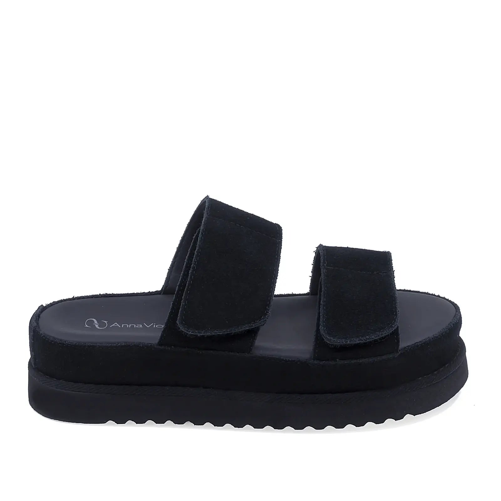 Papuci dama casual Anna Viotti D113-OWS002-7 din piele intoarsa neagra vedere lateral dreapta cu platforma confortabila