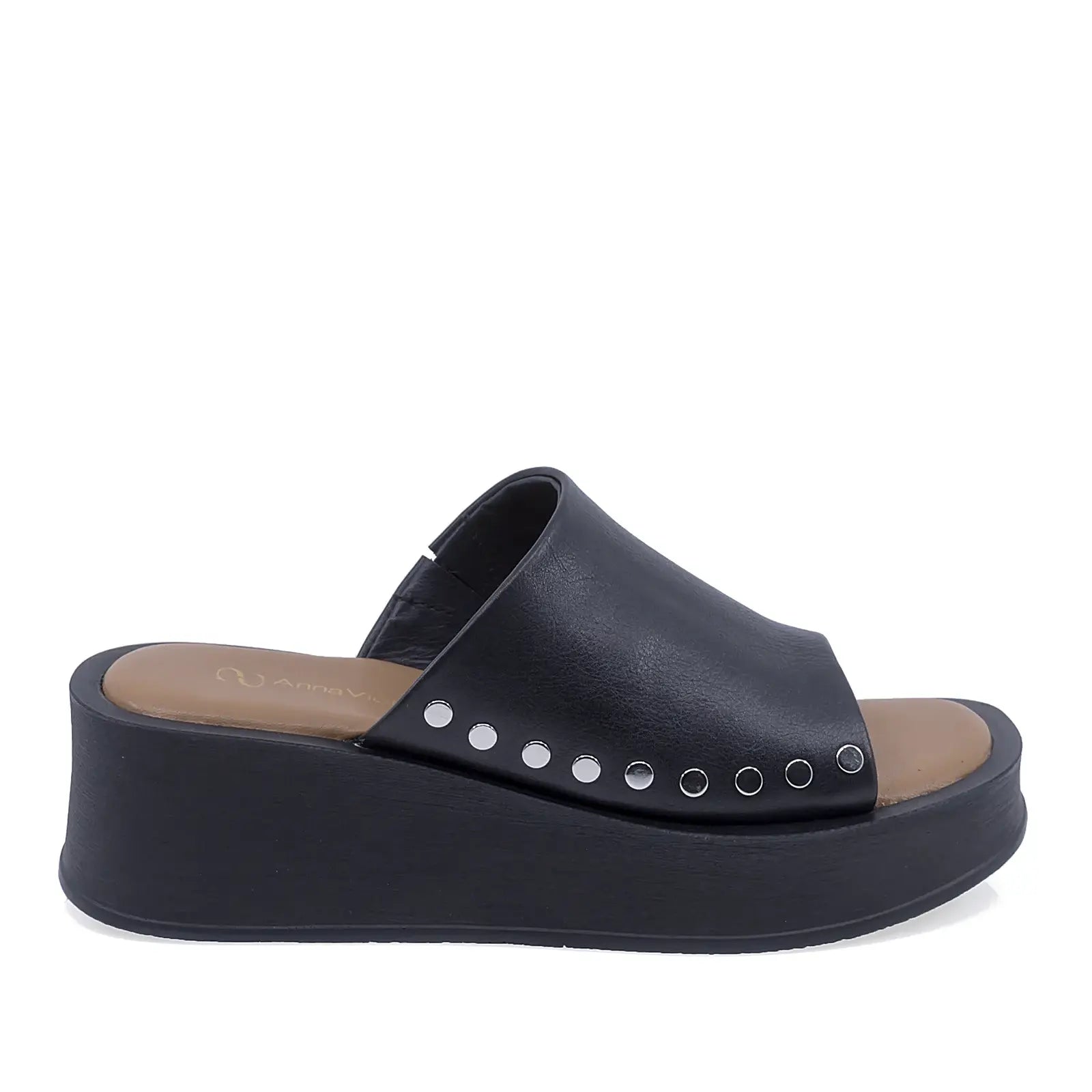 Papuci dama casual Anna Viotti D202-82160 din piele naturala negri vedere lateral dreapta cu platforma confortabila
