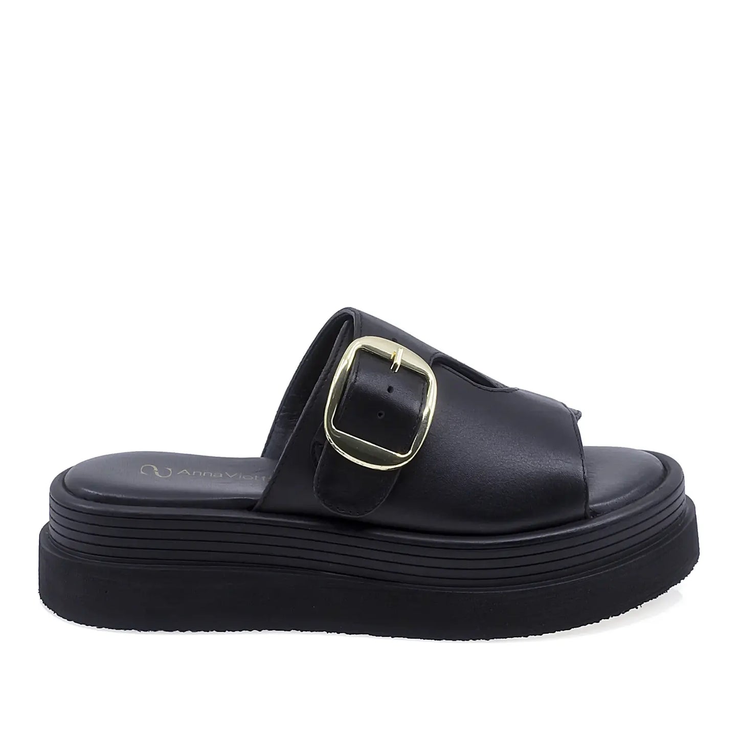 Papuci dama casual Anna Viotti D202-82369 din piele naturala negri vedere lateral dreapta cu platforma confortabila