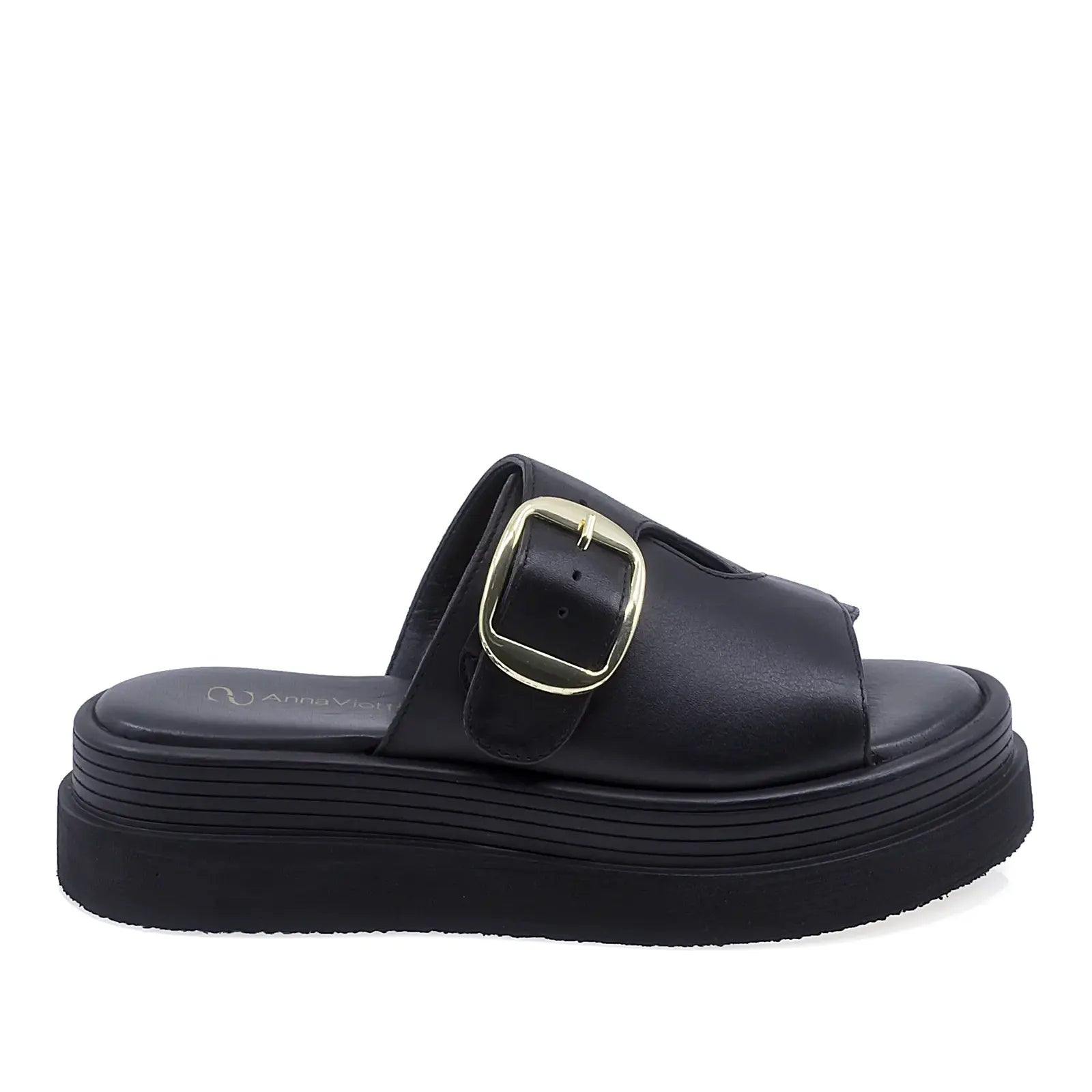 Papuci dama casual Anna Viotti D202-82369 din piele naturala negri vedere lateral dreapta cu platforma confortabila