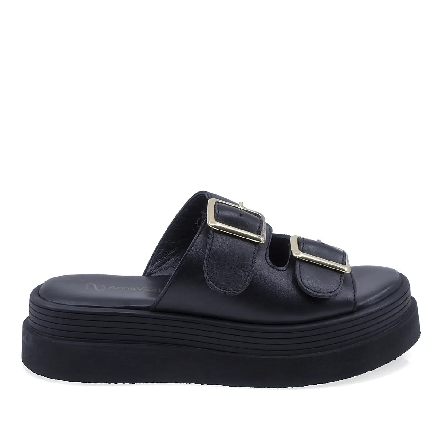 Papuci dama casual Anna Viotti D202-82370 din piele naturala negri vedere lateral dreapta cu platforma confortabila