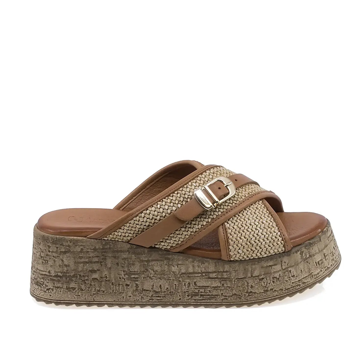 Papuci dama casual Anna Viotti D58-7001 piele naturala coniac vedere lateral dreapta comozi cu platforma