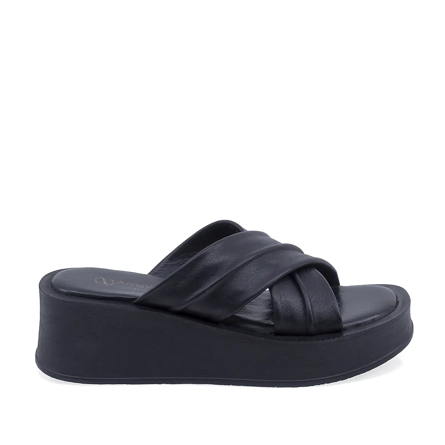 Papuci dama Anna Viotti D202-82406 din piele naturala neagra vedere laterala dreapta cu platforma confortabila