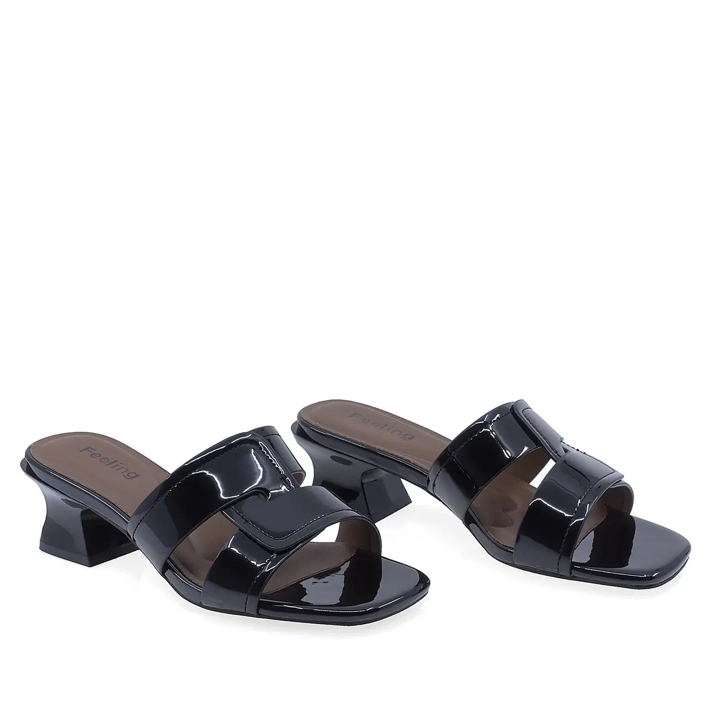 Papuci damă eleganți negri Feeling 31088, vedere față, stil modern din piele lăcuită