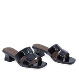 Papuci damă eleganți negri Feeling 31088, vedere față, stil modern din piele lăcuită