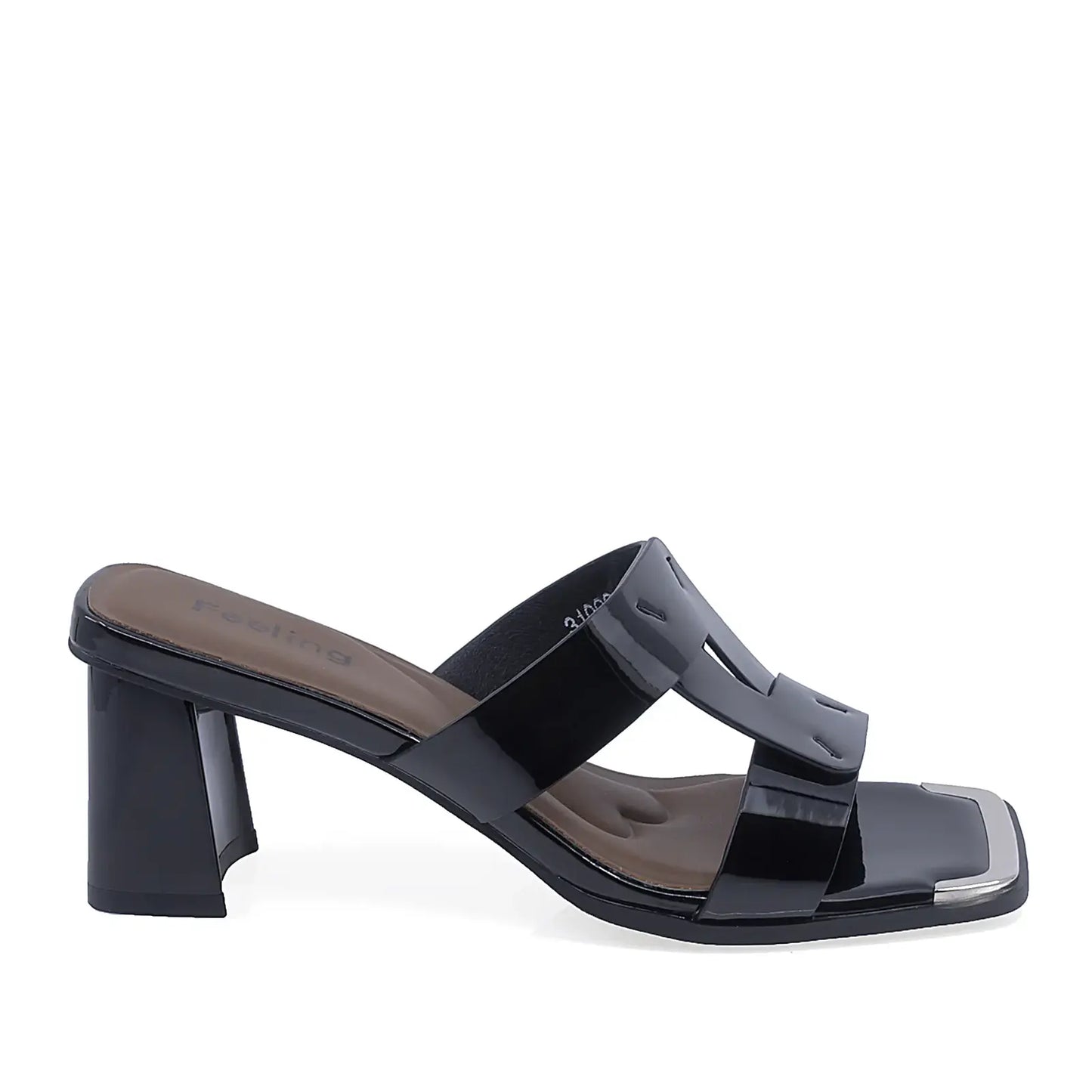 Papuci damă eleganți negri din piele lăcuită Feeling 31099, lateral dreapta – design modern și toc stabil de 6 cm
