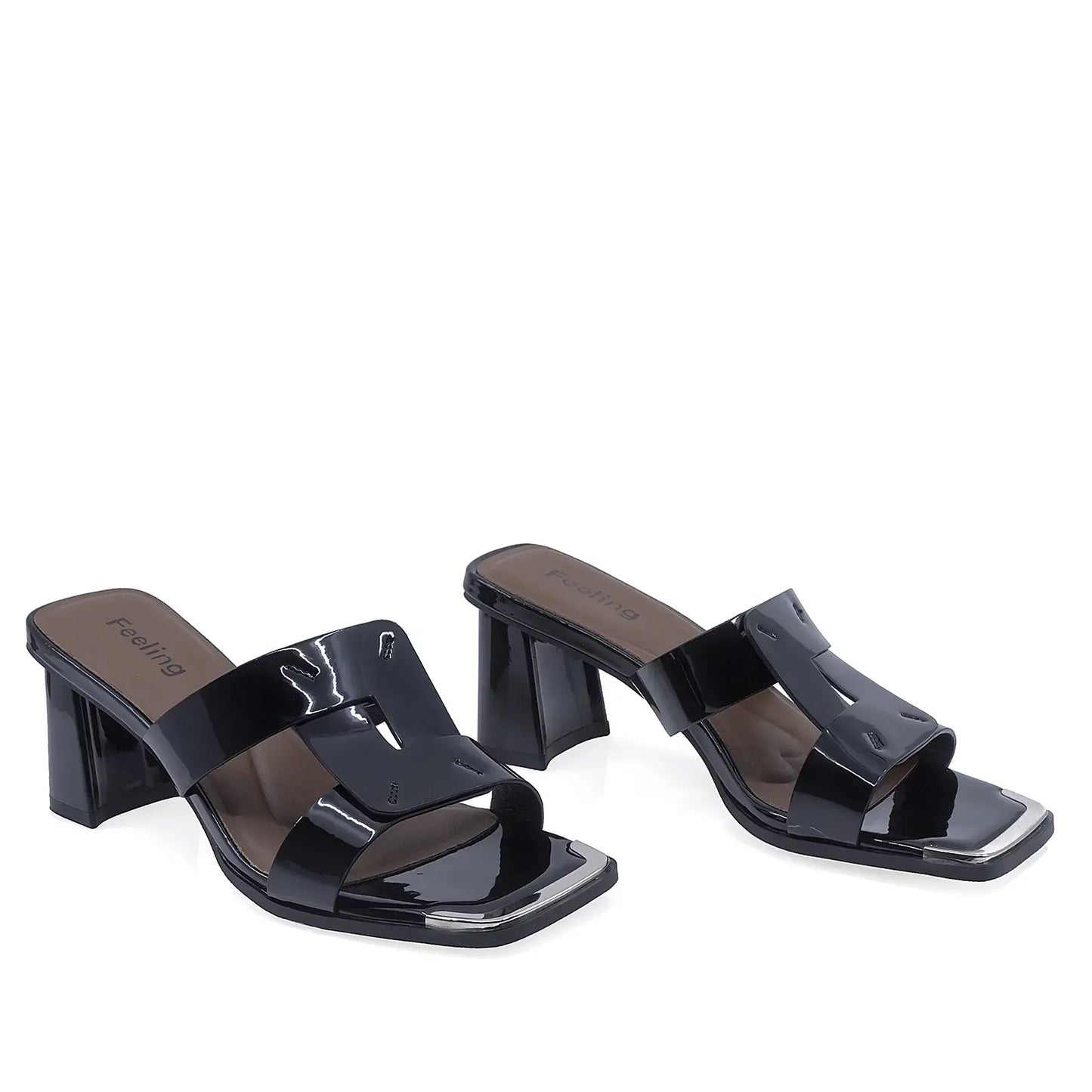 Papuci damă negri Feeling 31099, vedere frontală – design elegant cu finisaj lucios premium