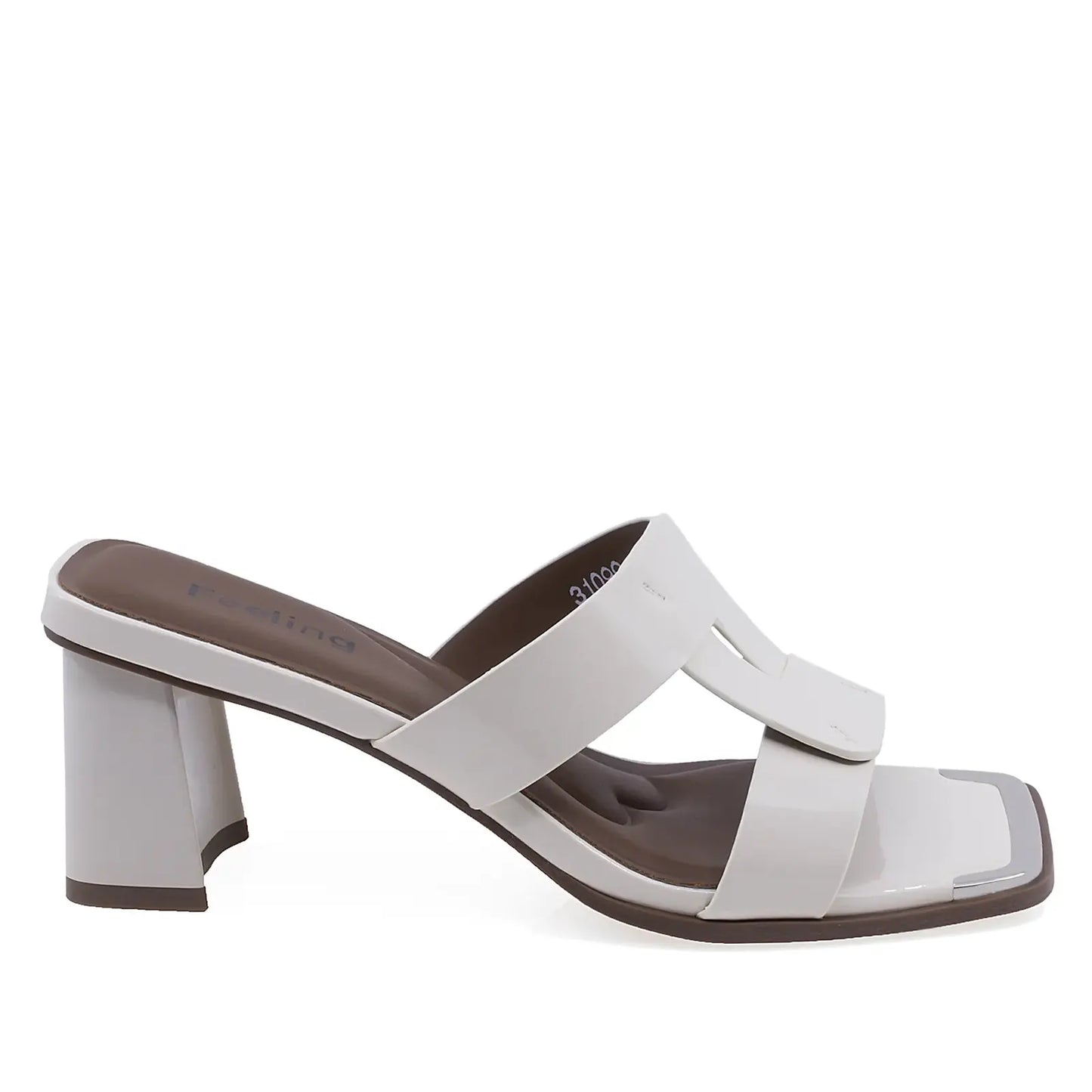 Papuci damă eleganți bej din piele lăcuită Feeling 31099, lateral dreapta, toc pătrat 6 cm