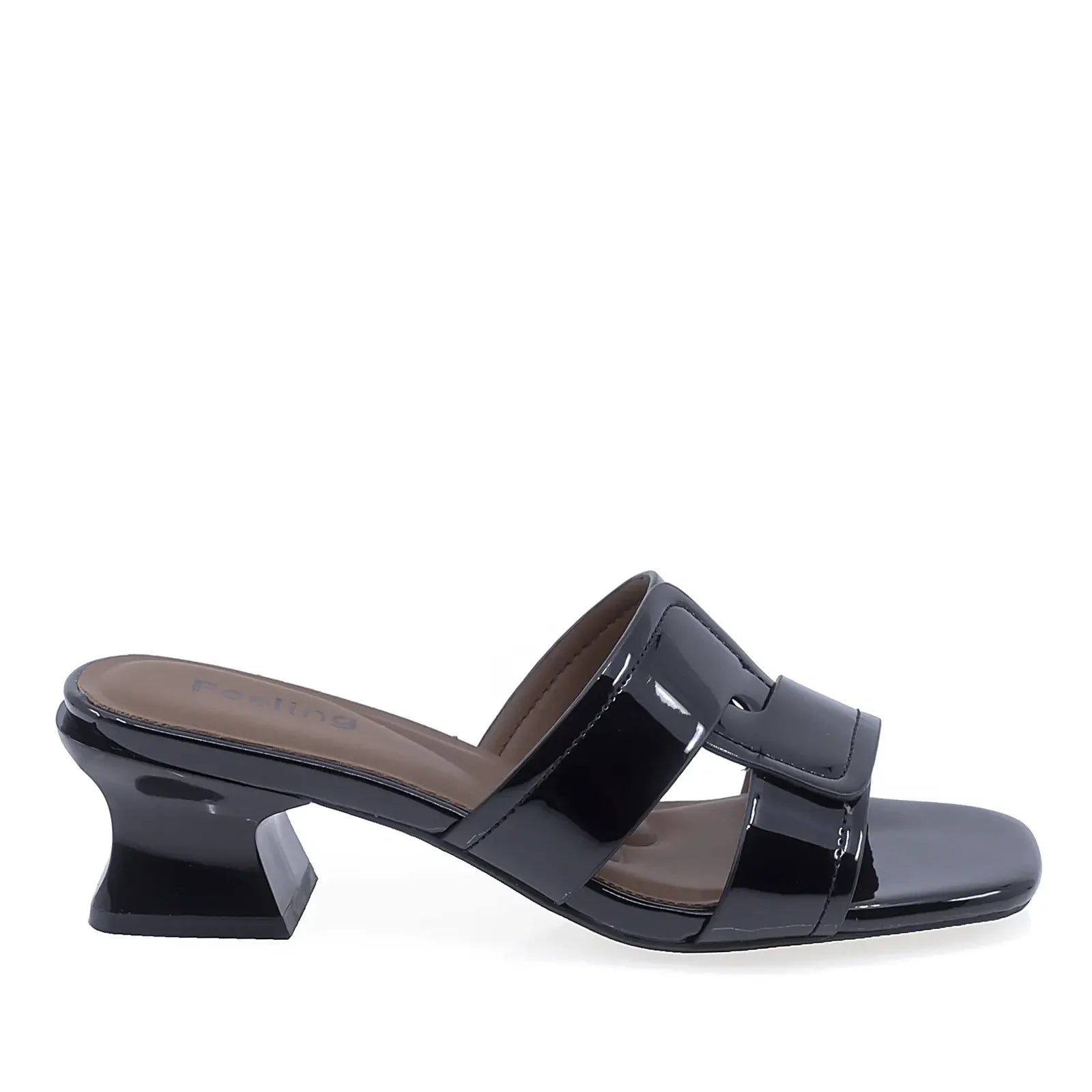 Papuci damă eleganți negri din piele lăcuită Feeling 31088, lateral dreapta, toc pătrat 5 cm