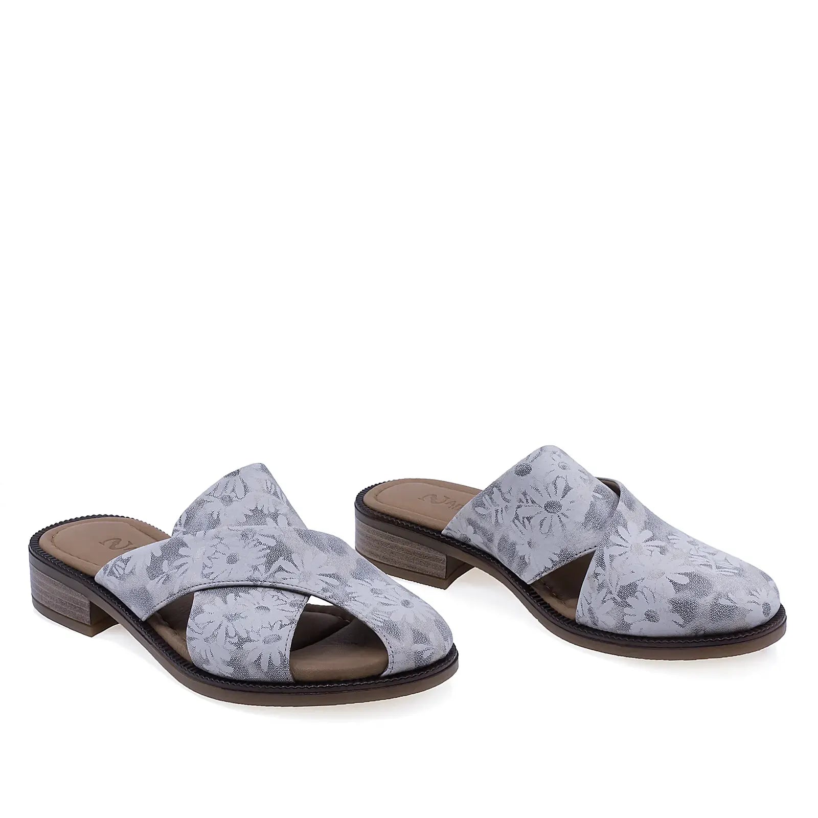 Saboti dama casual Anna Viotti D57-26305 piele naturala cu flori vedere din fata design feminin modern