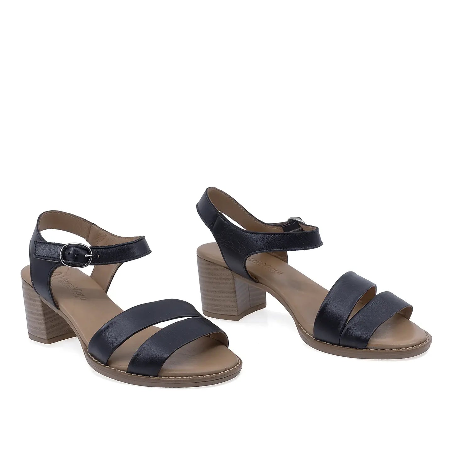 Sandale damă Anna Viotti D12-192 negre din piele naturală, cu toc pătrat și design casual-elegant