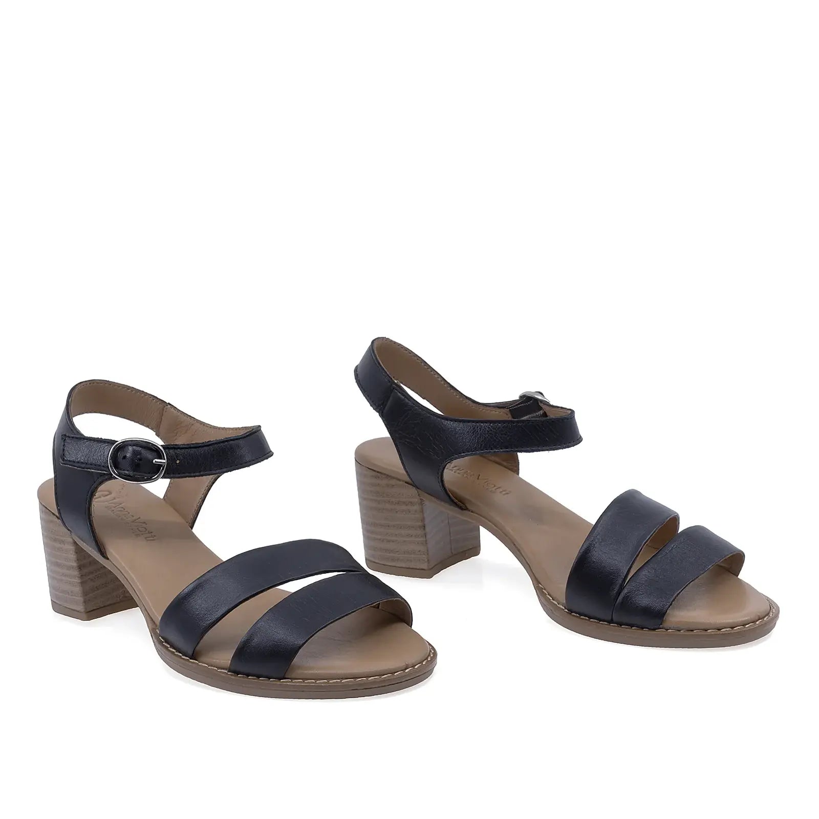 Sandale damă Anna Viotti D12-192 negre din piele naturală, cu toc pătrat și design casual-elegant