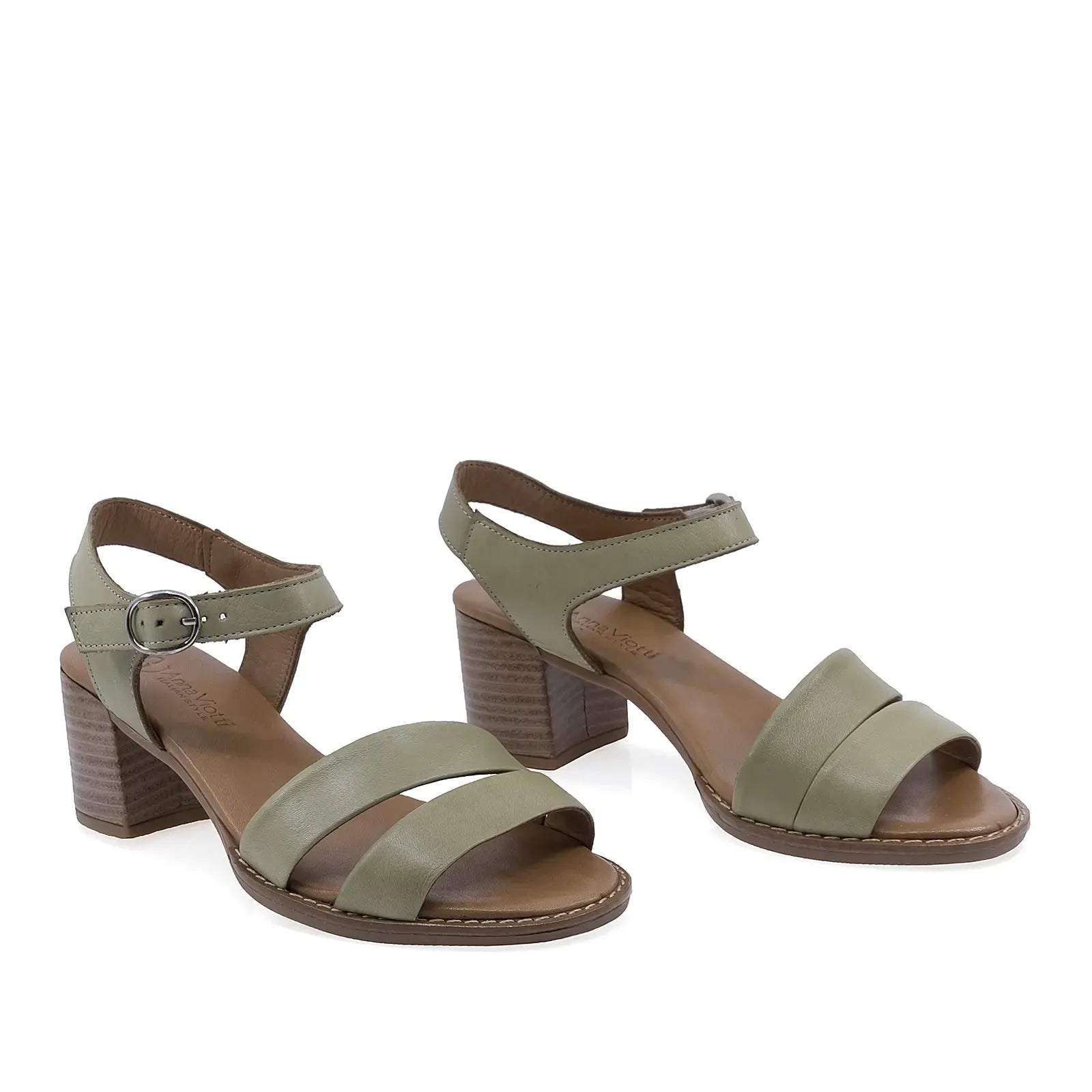 Sandale damă Anna Viotti D12-192 olive din piele naturală, model casual elegant cu toc confortabil de 5,5 cm